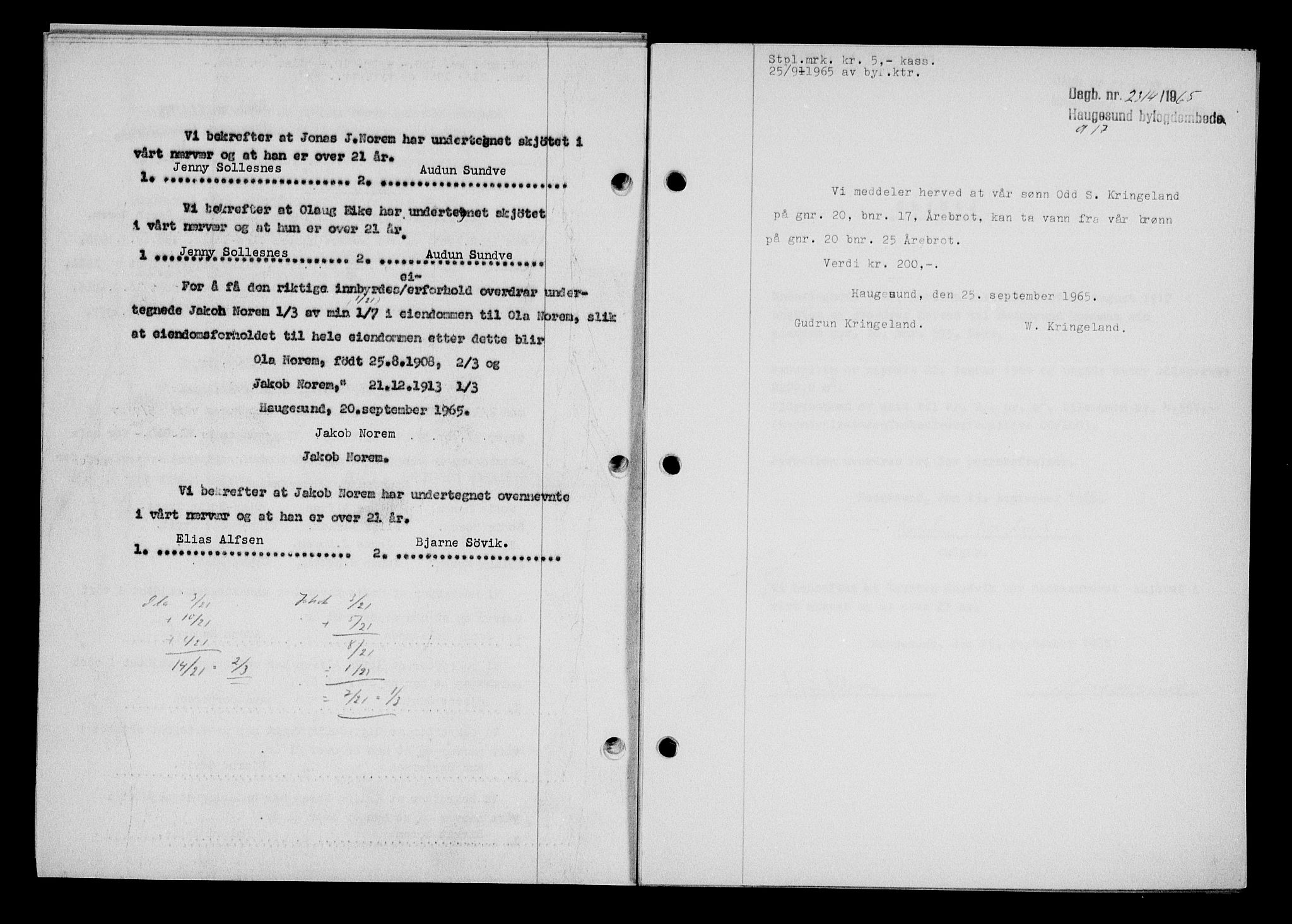 Haugesund tingrett, AV/SAST-A-101415/01/II/IIC/L0076: Mortgage book no. A 17, 1965-1966, Diary no: : 2314/1965