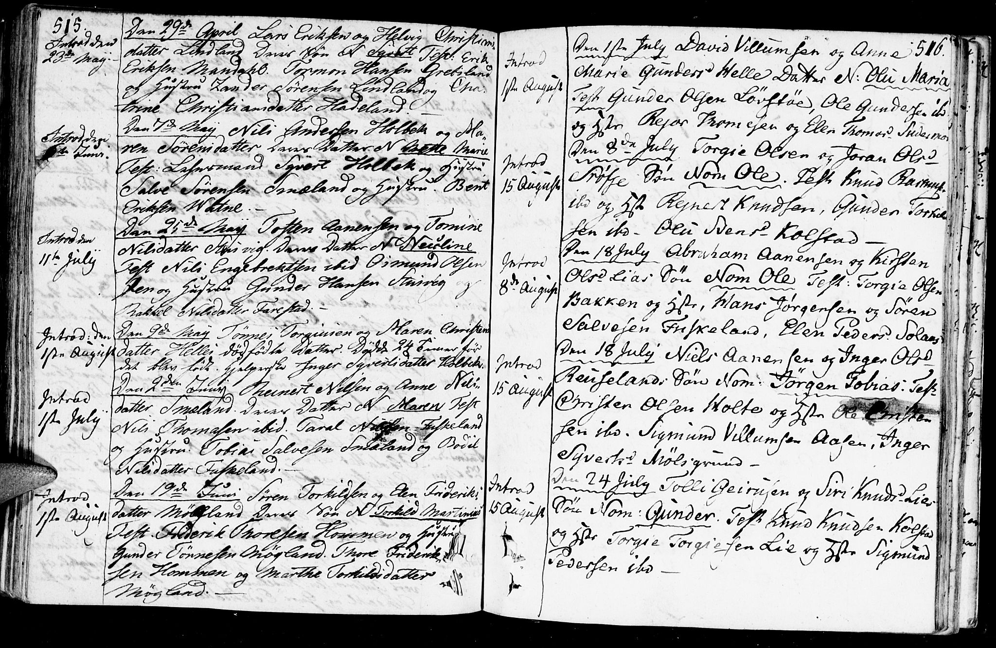 Holum sokneprestkontor, AV/SAK-1111-0022/F/Fa/Faa/L0003: Parish register (official) no. A 3, 1780-1821, p. 515-516