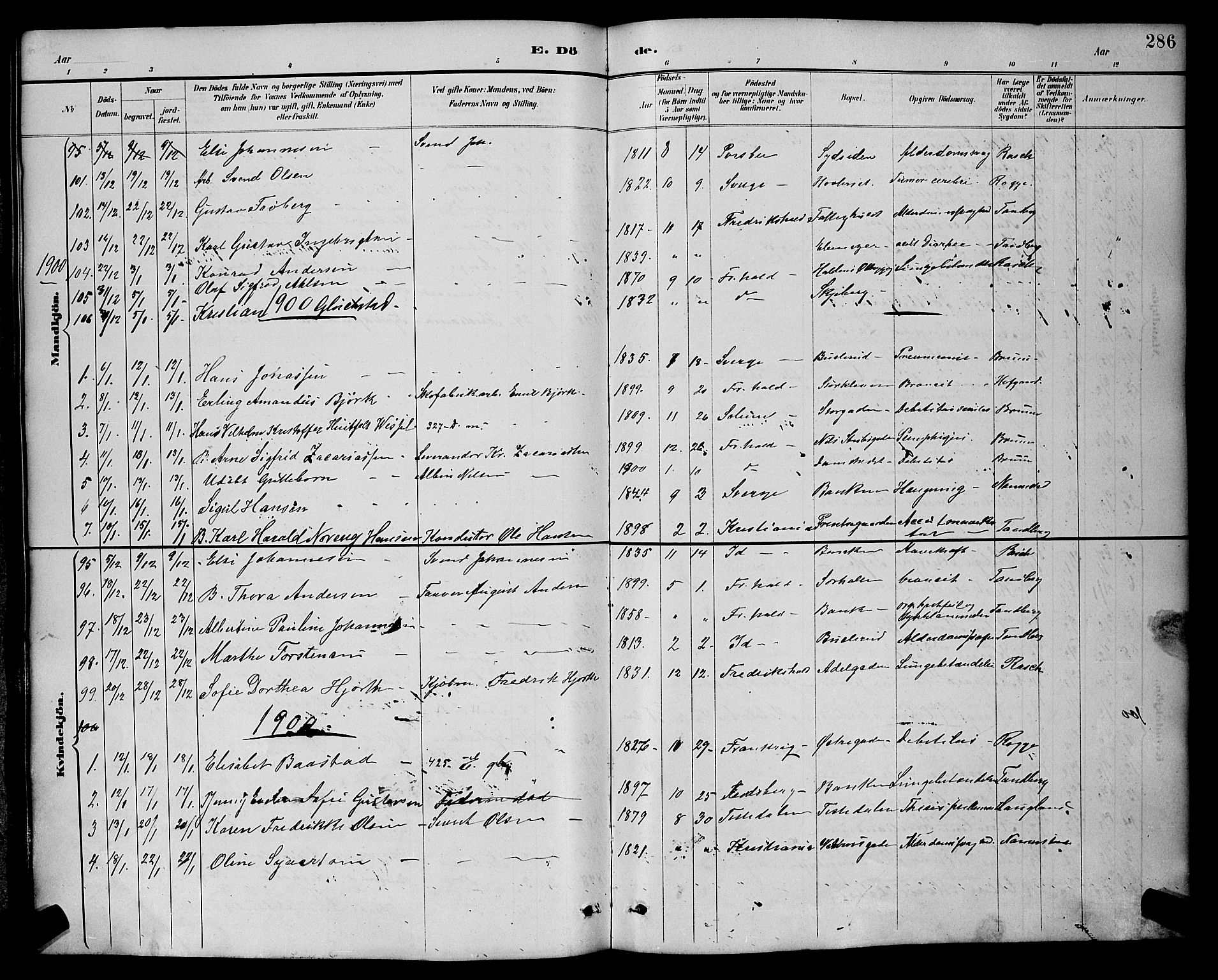 Halden prestekontor Kirkebøker, SAO/A-10909/G/Ga/L0009: Parish register (copy) no. 9, 1885-1908, p. 286