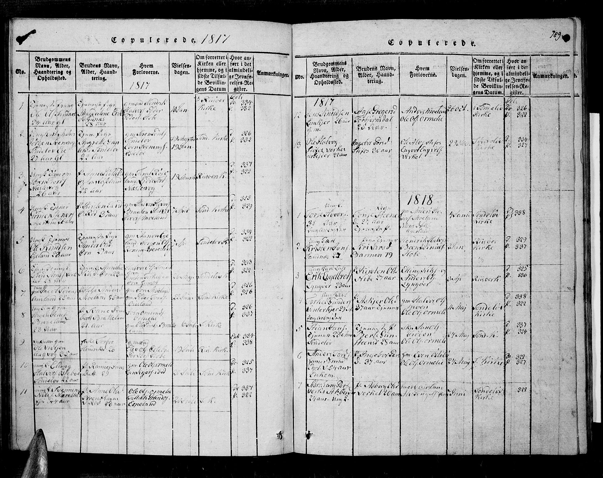 Søndeled sokneprestkontor, SAK/1111-0038/F/Fa/L0001: Parish register (official) no. A 1, 1816-1838, p. 189