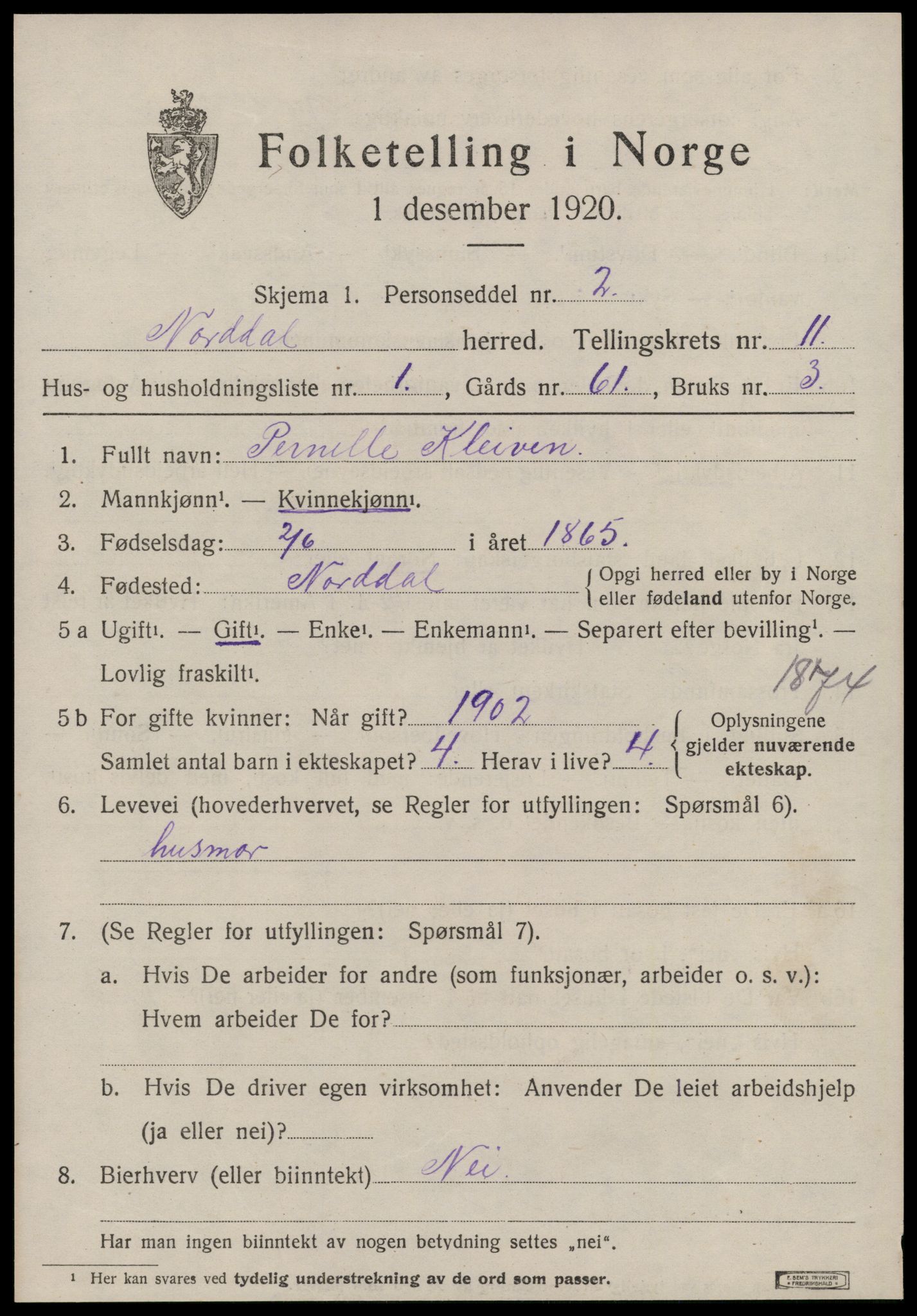 SAT, 1920 census for Norddal, 1920, p. 5593