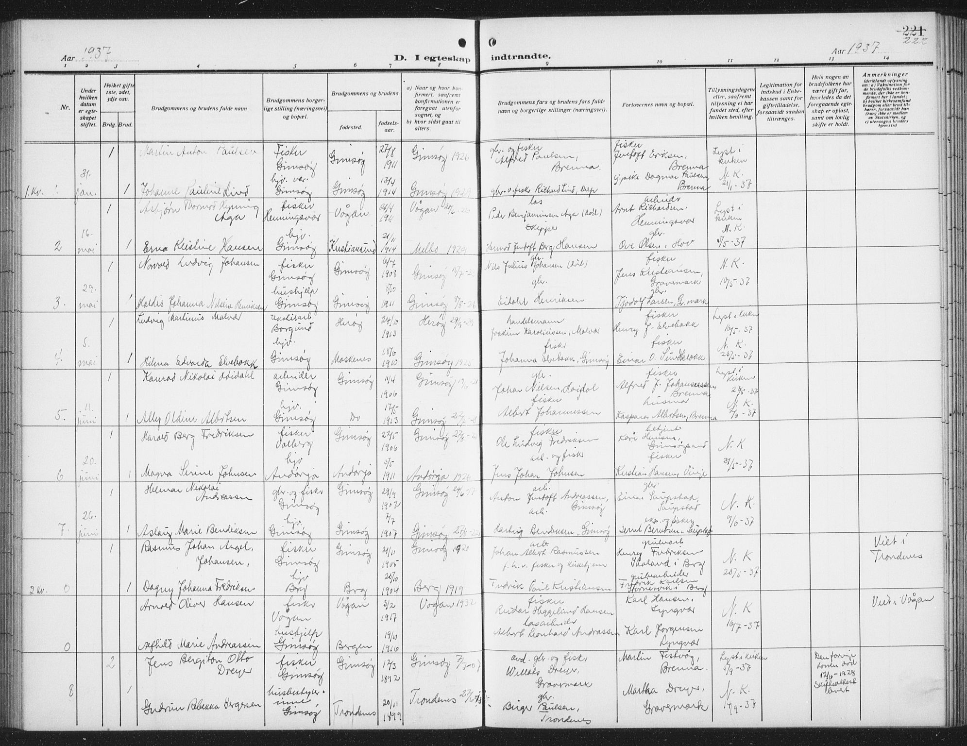 Ministerialprotokoller, klokkerbøker og fødselsregistre - Nordland, AV/SAT-A-1459/876/L1106: Parish register (copy) no. 876C05, 1915-1942, p. 222