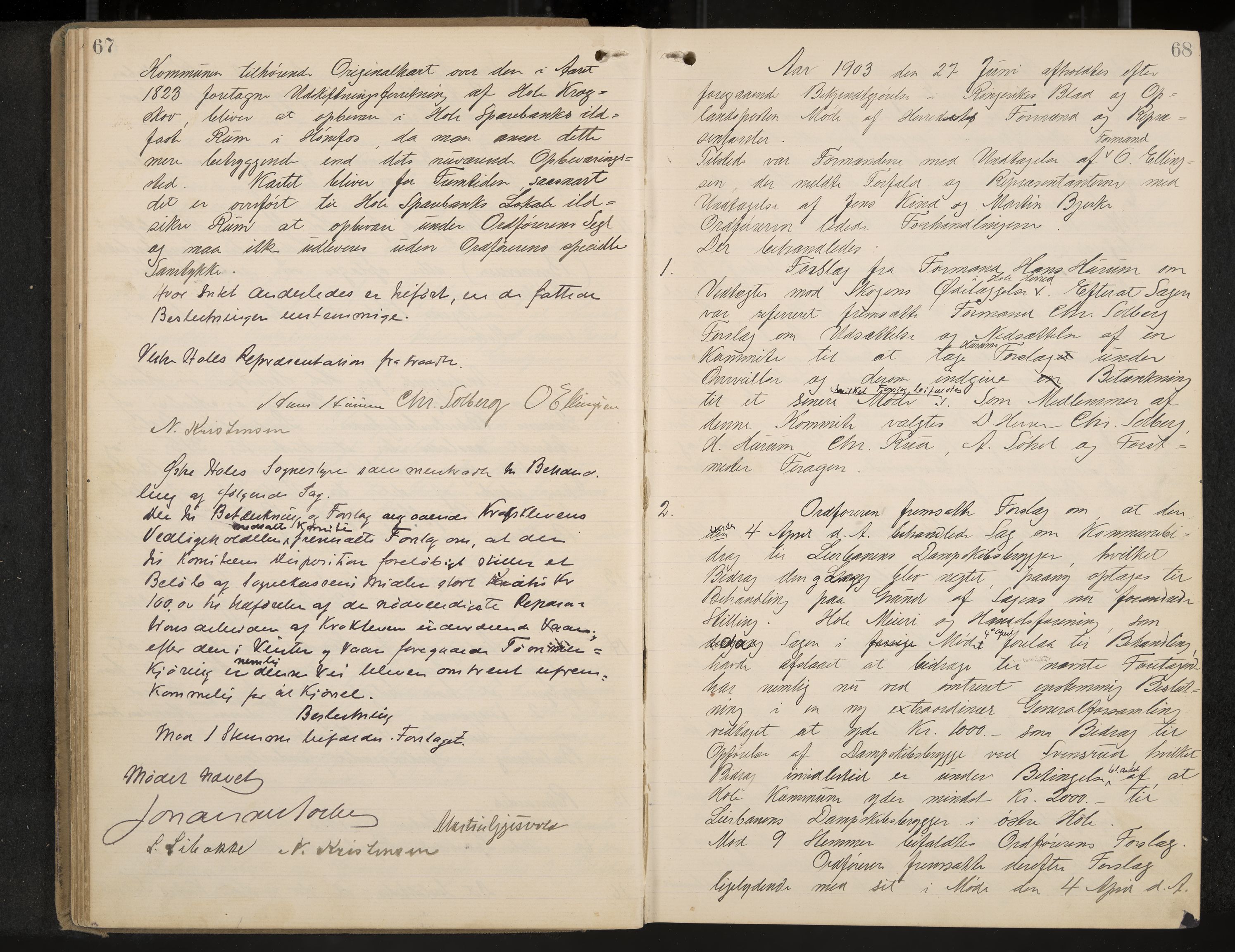 Hole formannskap og sentraladministrasjon, IKAK/0612021-1/A/Aa/L0004: Møtebok med register, 1902-1910, p. 67-68