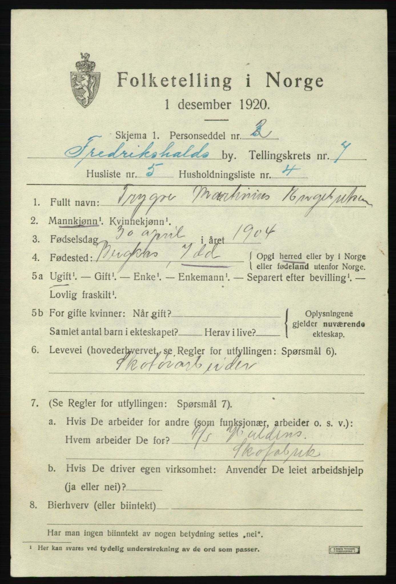 SAO, 1920 census for Fredrikshald, 1920, p. 13893