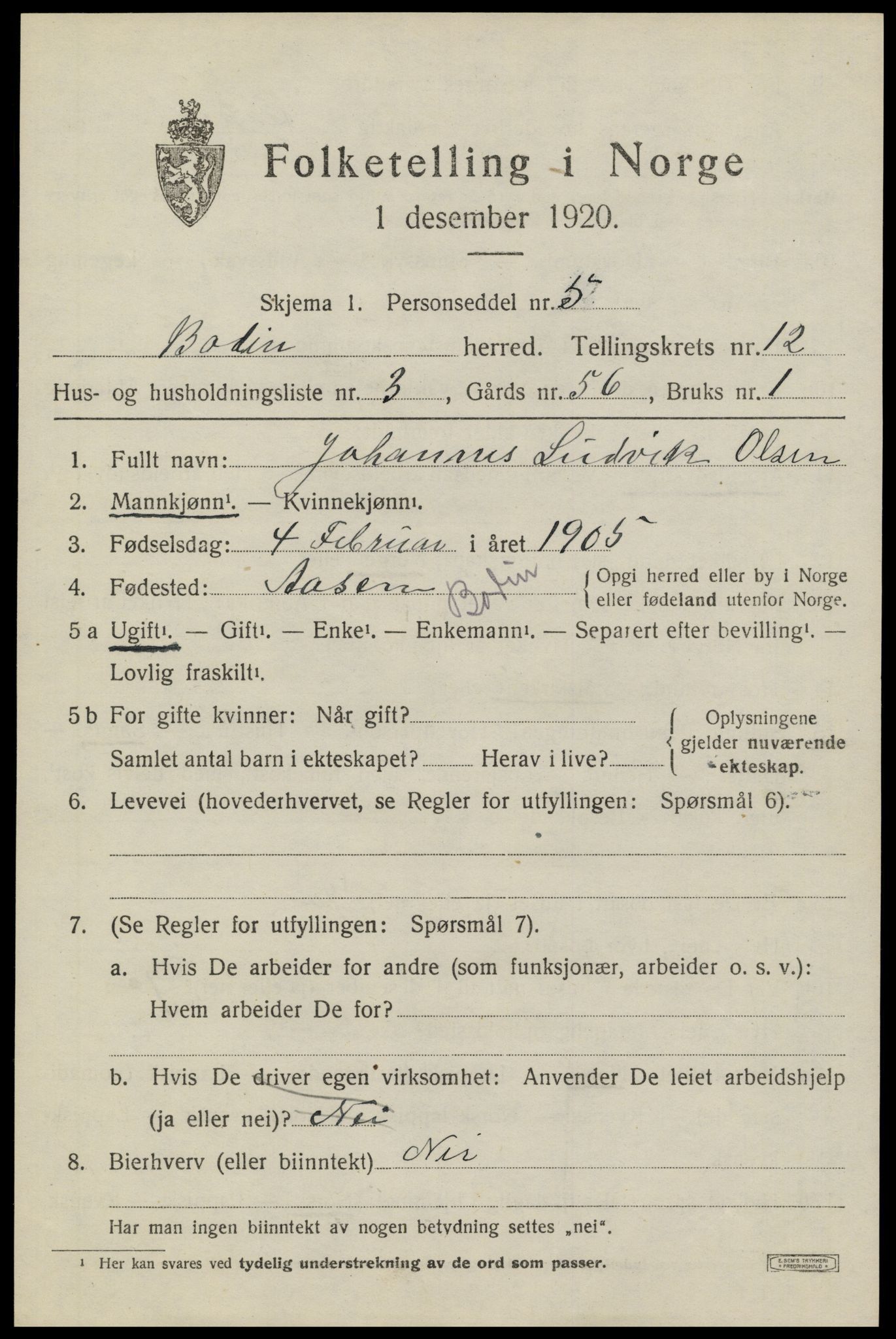 SAT, 1920 census for Bodin, 1920, p. 8456