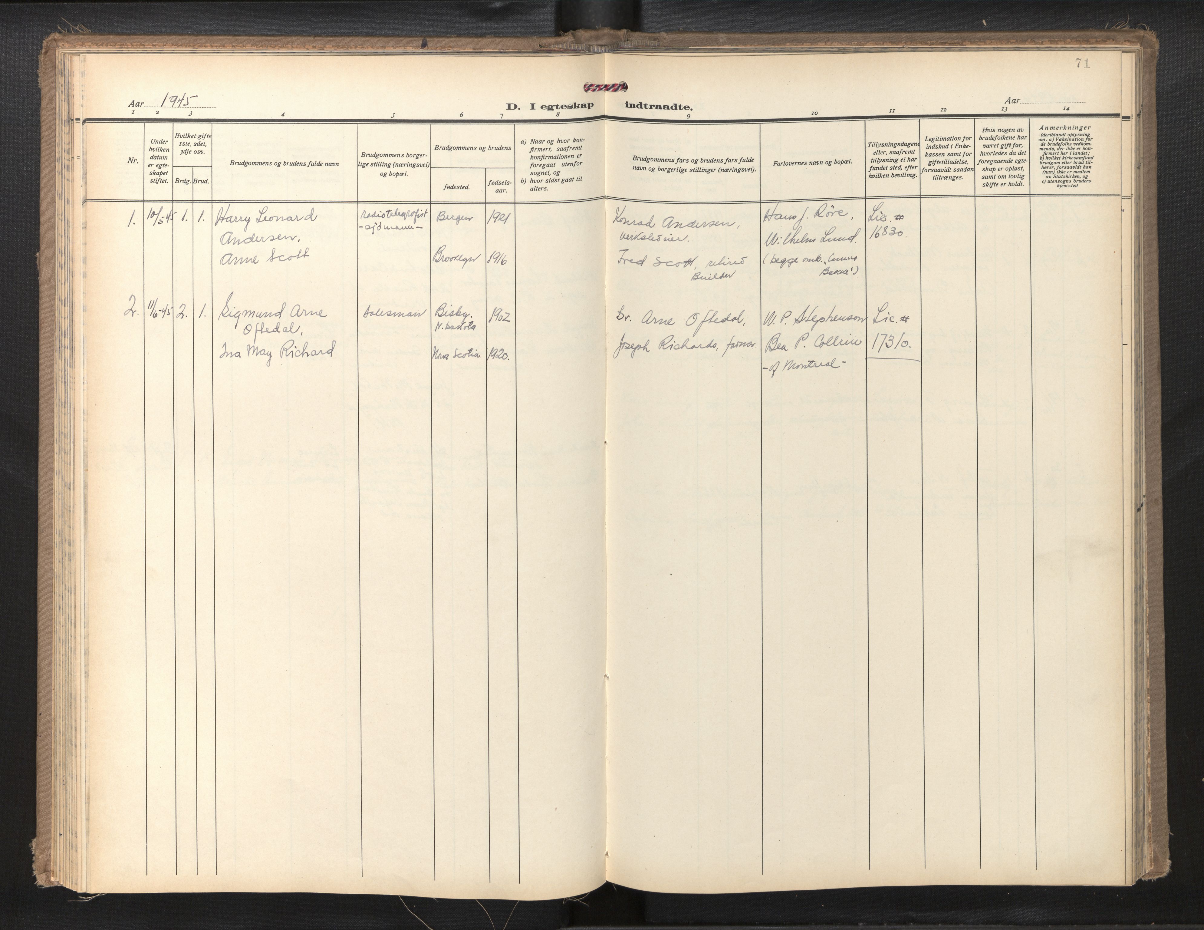 Den norske sjømannsmisjon i utlandet/Montreal-Halifax, SAB/SAB/PA-0116/H/Ha/L0001: Parish register (official) no. A 1, 1929-1960, p. 70b-71a