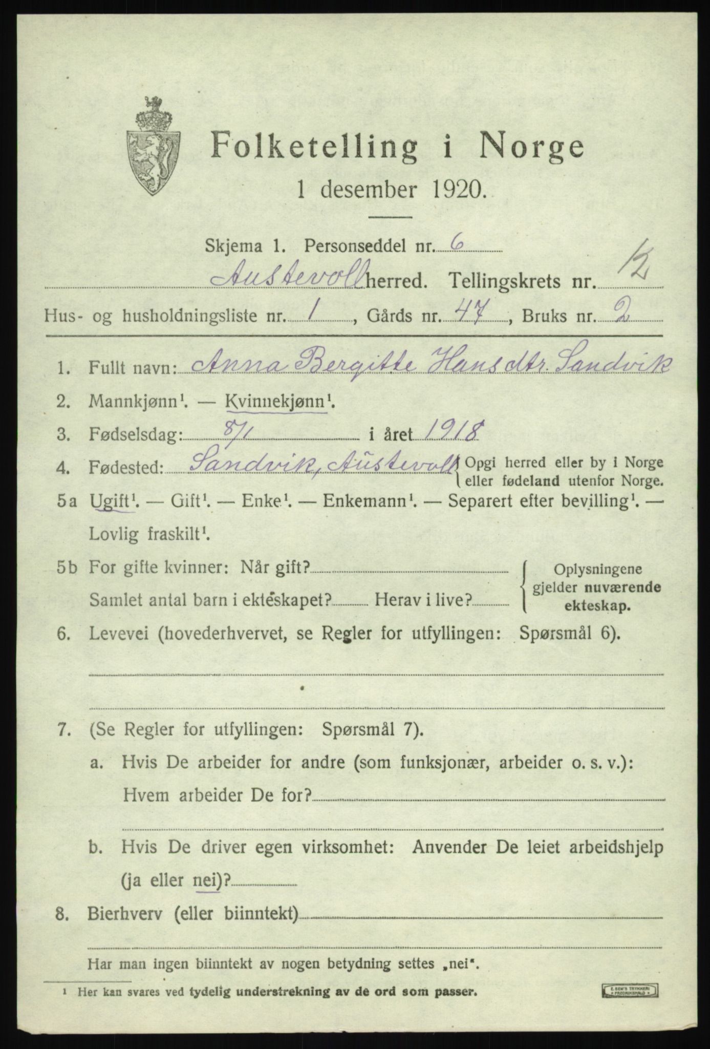 SAB, 1920 census for Austevoll, 1920, p. 6546