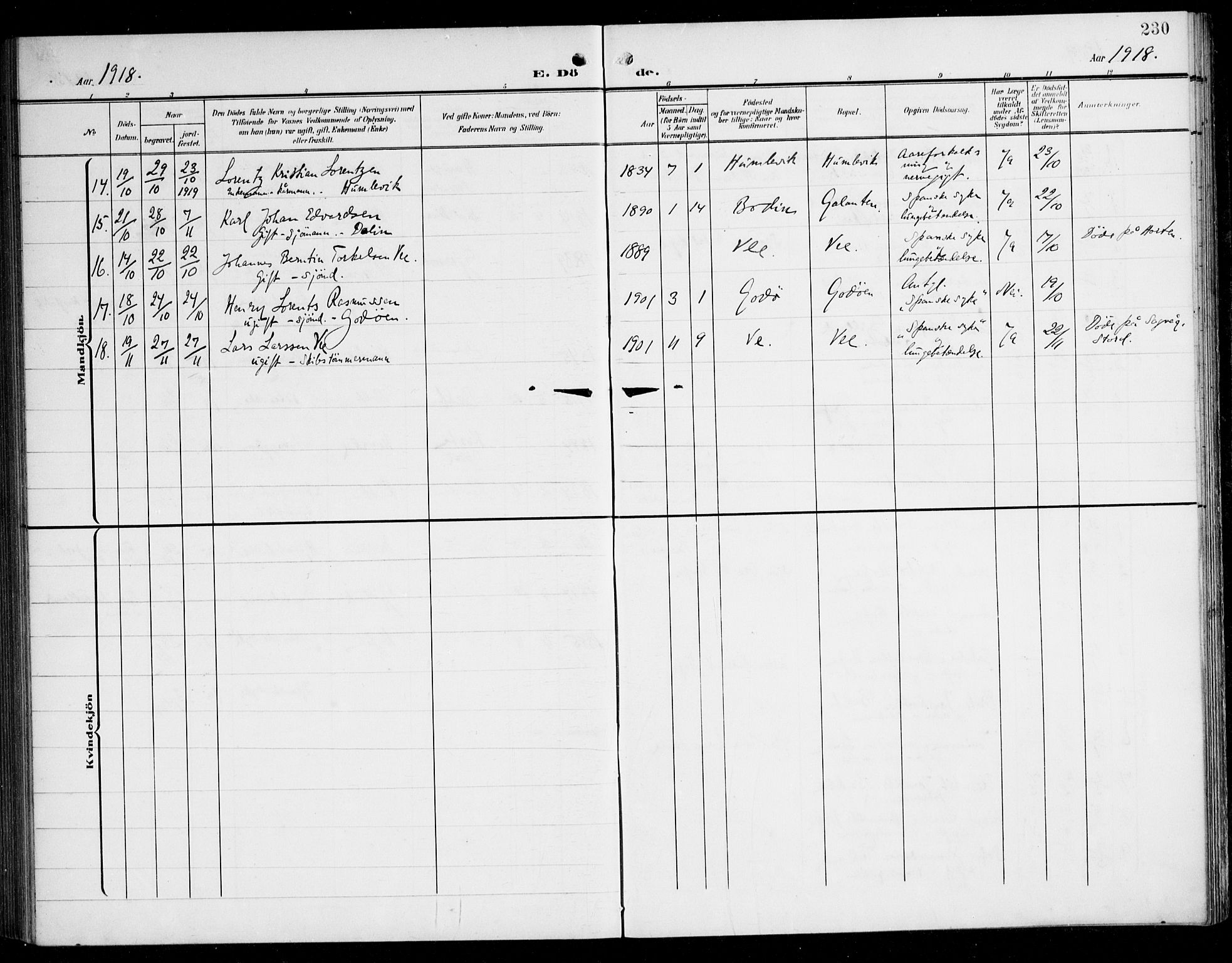 Tysnes sokneprestembete, AV/SAB-A-78601/H/Haa: Parish register (official) no. B 2, 1907-1925, p. 230