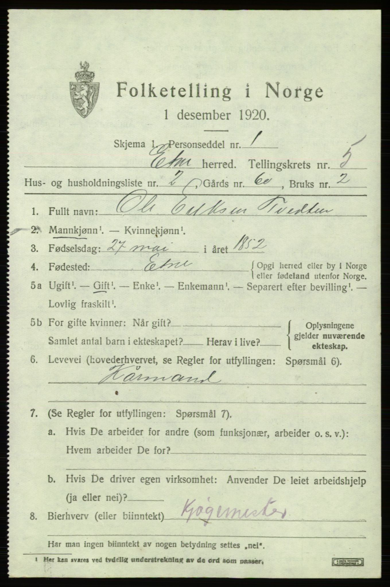 SAB, 1920 census for Etne, 1920, p. 2397