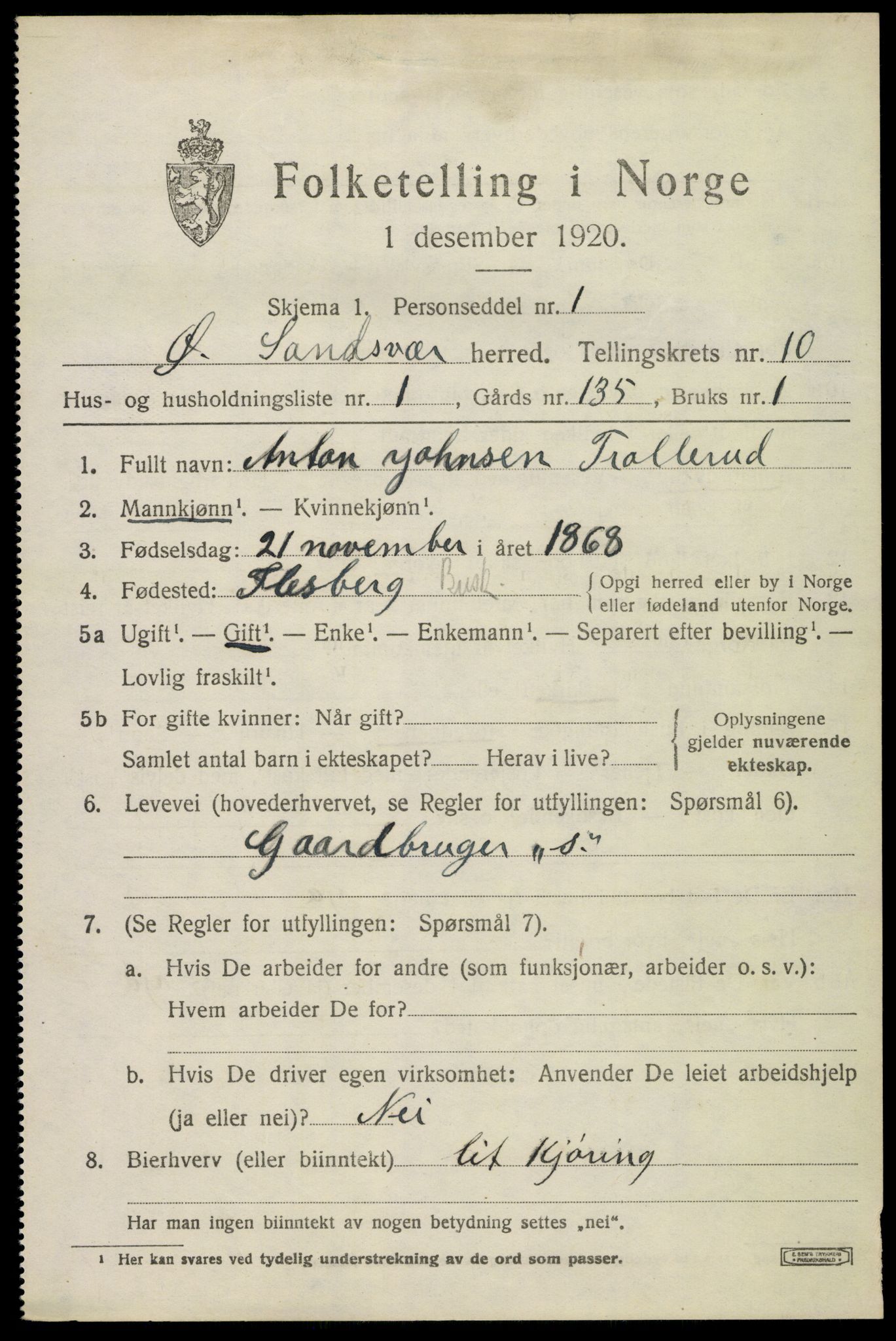 SAKO, 1920 census for Øvre Sandsvær, 1920, p. 5580