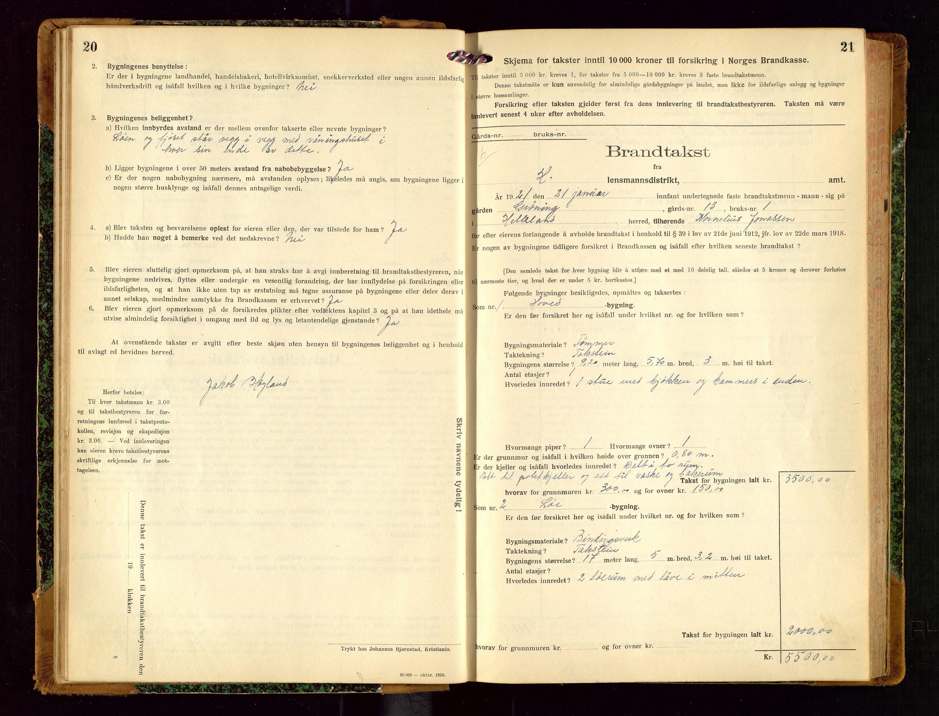Helleland lensmannskontor, AV/SAST-A-100209/Gob/L0002: "Brandtakstprotokoll", 1921-1930, p. 20-21