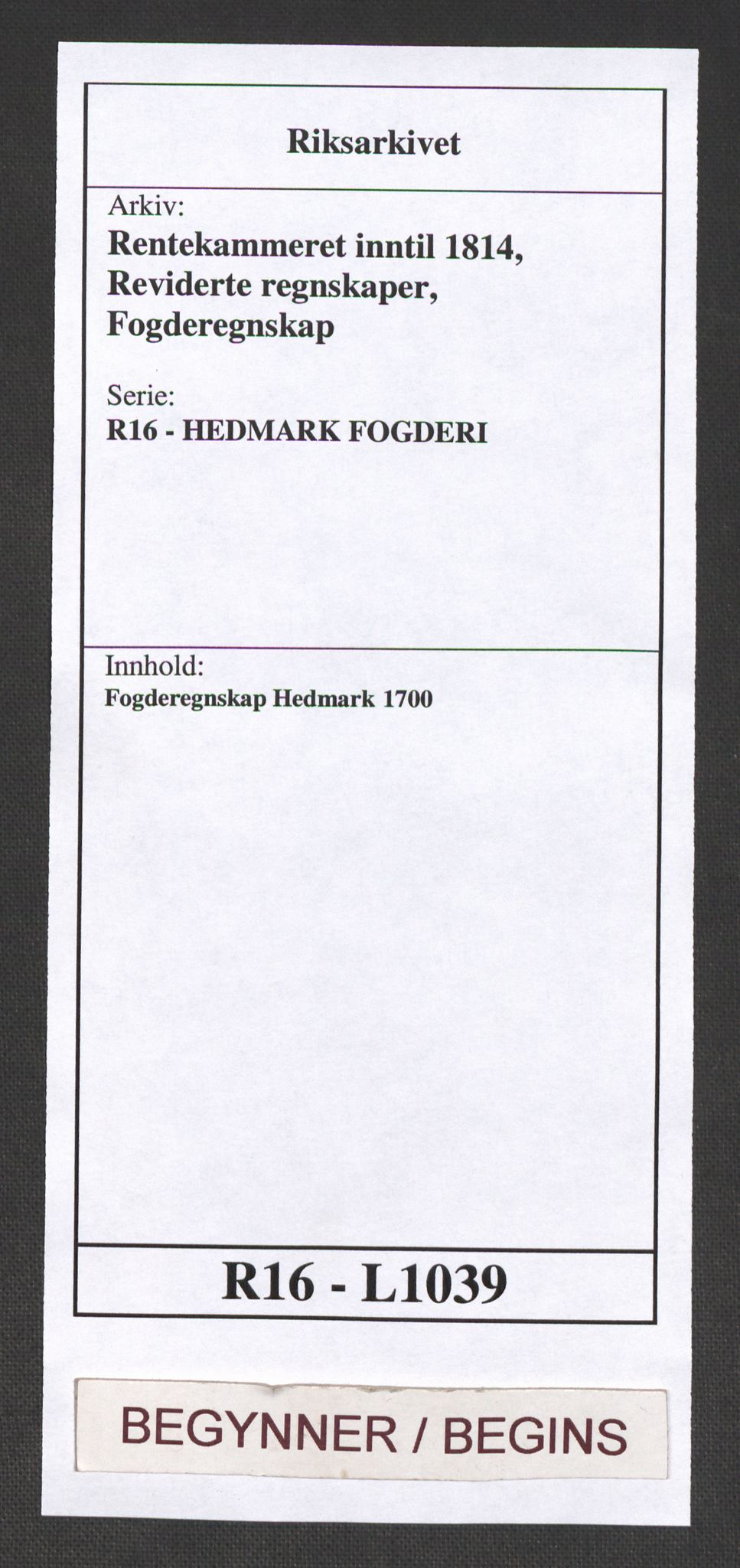 Rentekammeret inntil 1814, Reviderte regnskaper, Fogderegnskap, RA/EA-4092/R16/L1039: Fogderegnskap Hedmark, 1700, p. 1