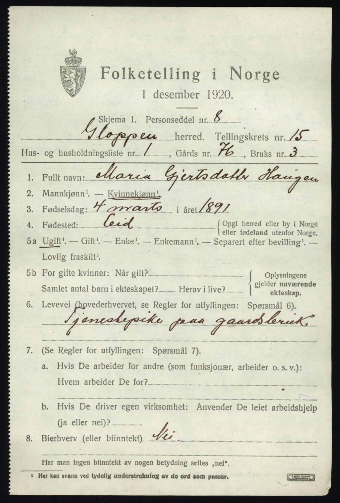SAB, 1920 census for Gloppen, 1920, p. 7676