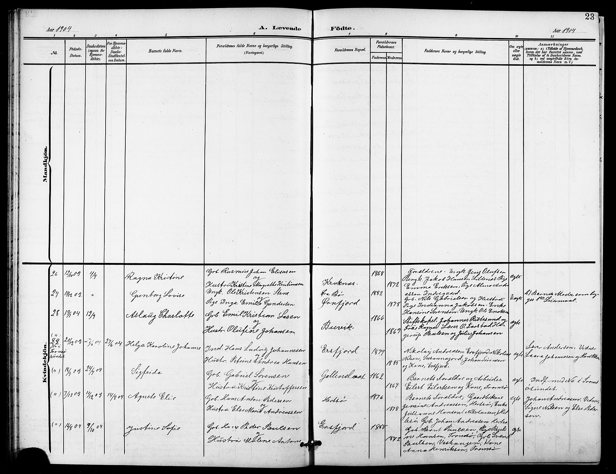 Lenvik sokneprestembete, SATØ/S-1310/H/Ha/Hab/L0022klokker: Parish register (copy) no. 22, 1901-1918, p. 23
