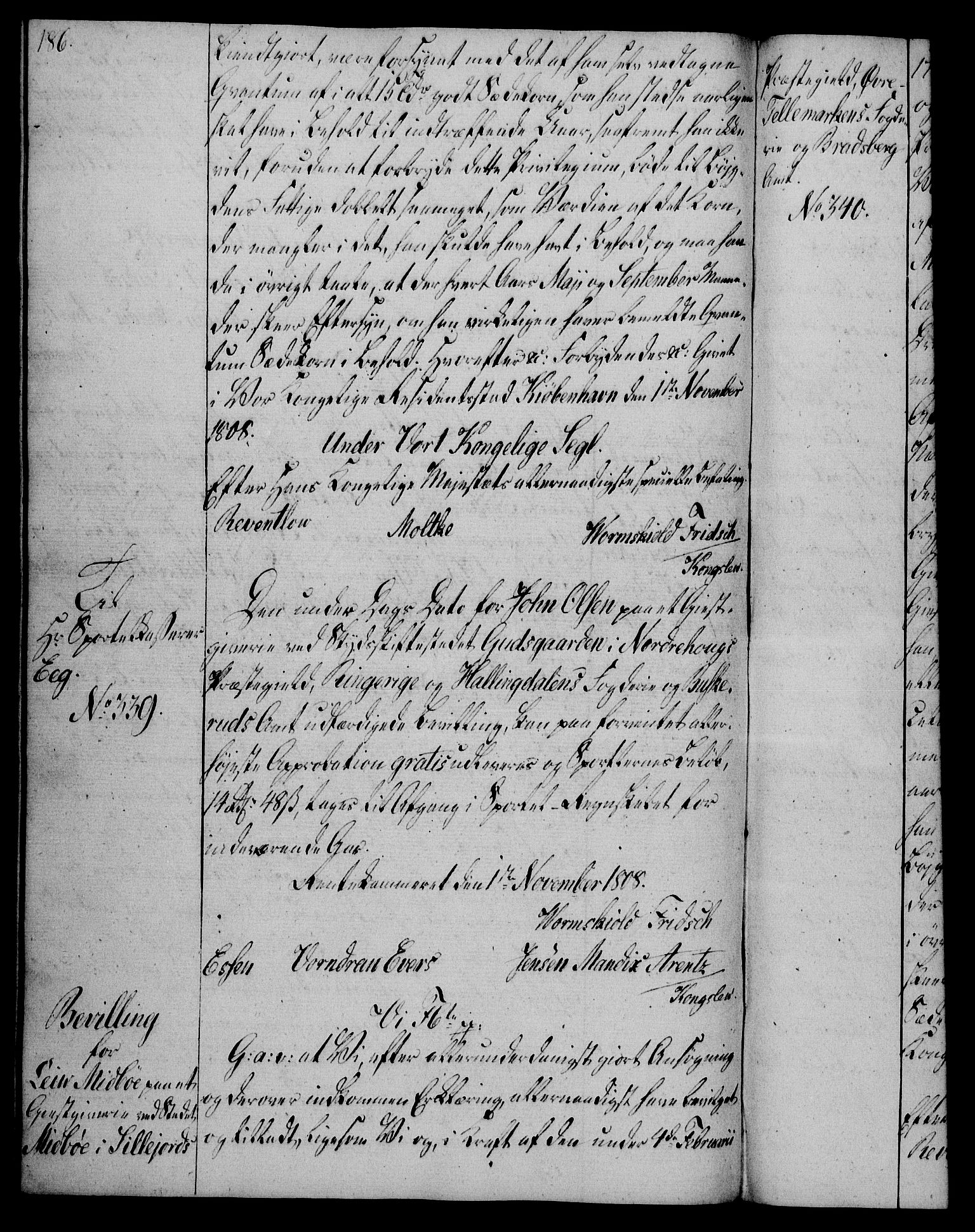 Rentekammeret, Kammerkanselliet, AV/RA-EA-3111/G/Gg/Gga/L0019: Norsk ekspedisjonsprotokoll med register (merket RK 53.19), 1807-1810, p. 186