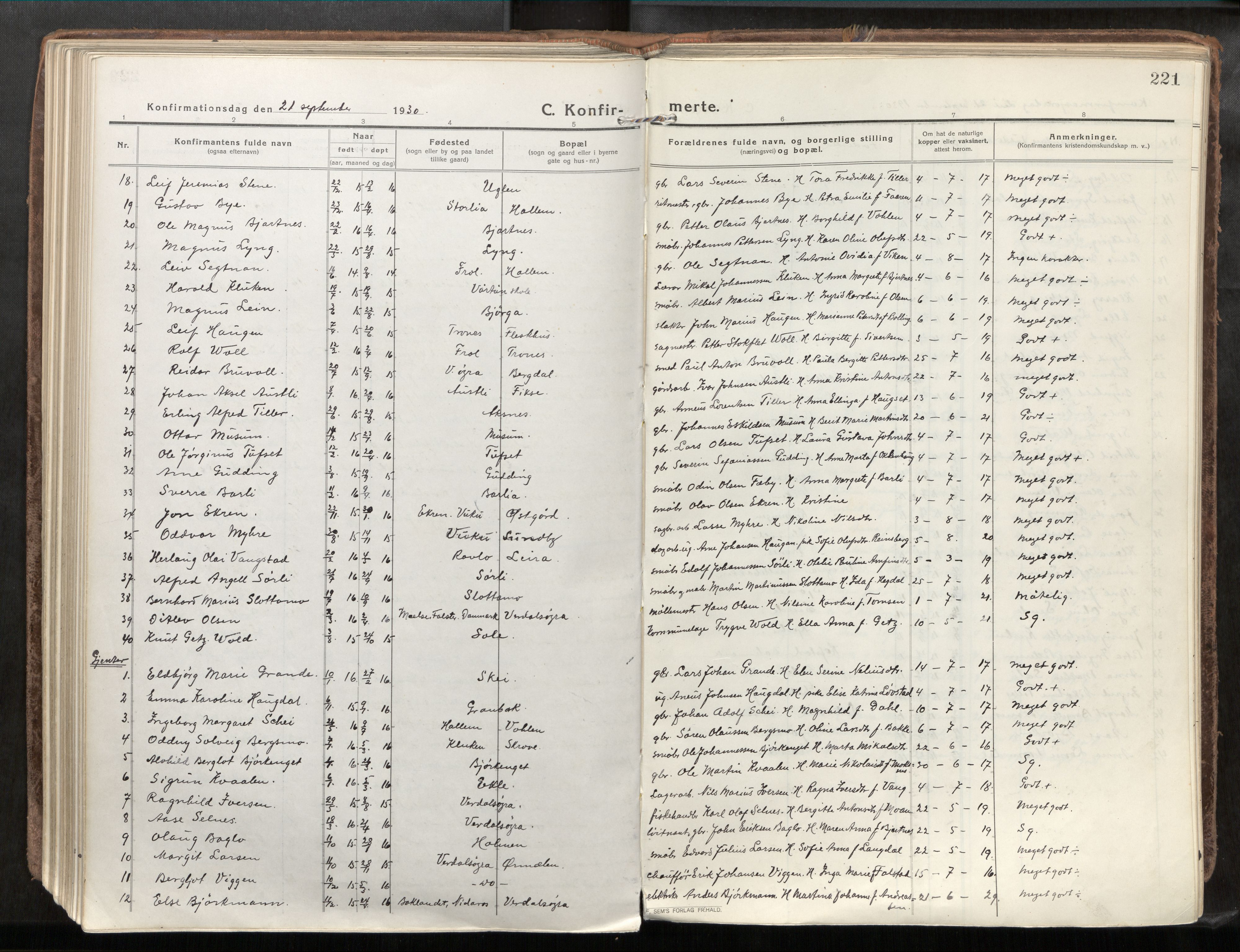 Verdal sokneprestkontor, SAT/A-1156/2/H/Haa/L0001: Parish register (official) no. 1, 1917-1932, p. 221