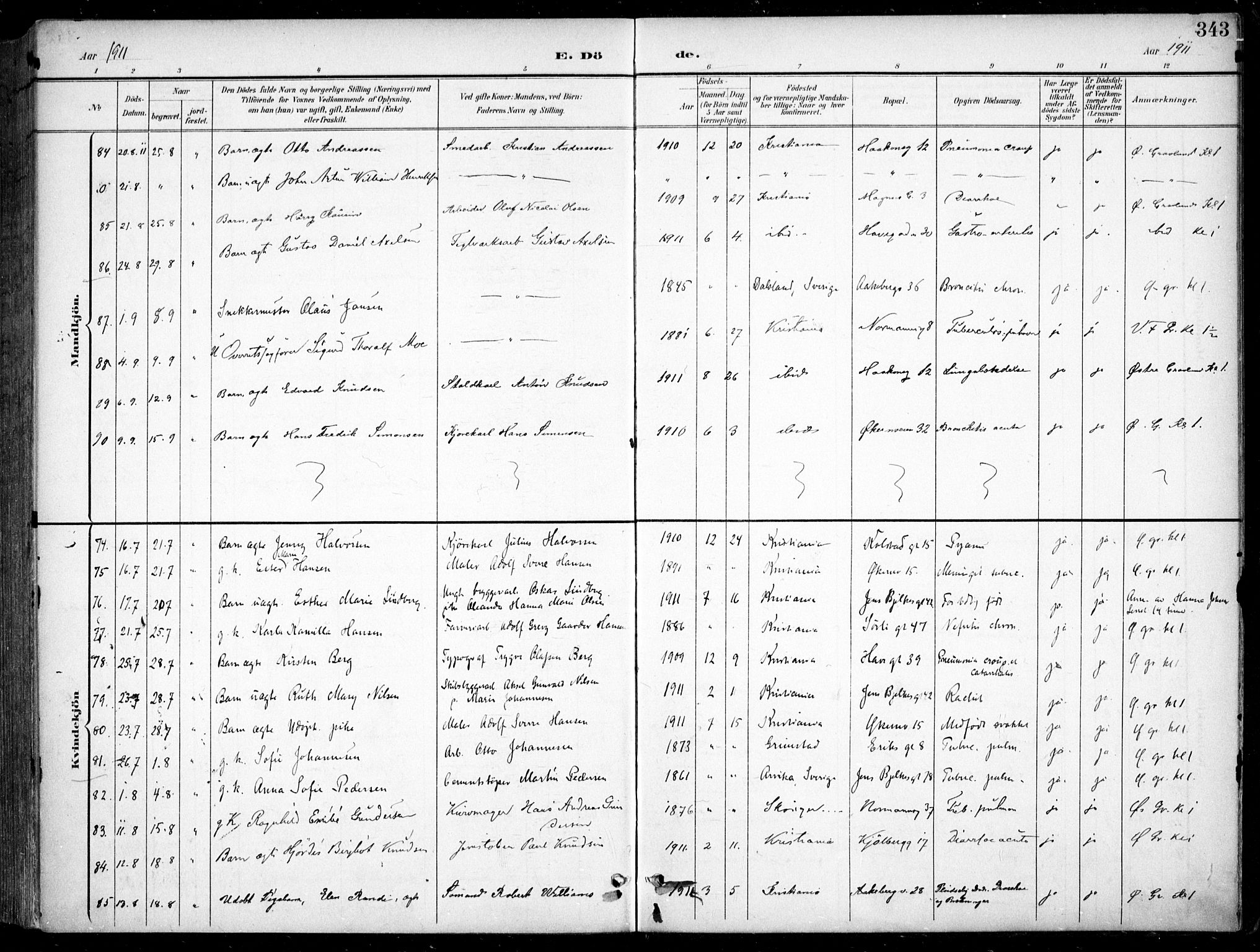 Kampen prestekontor Kirkebøker, SAO/A-10853/F/Fa/L0009: Parish register (official) no. I 9, 1899-1911, p. 343