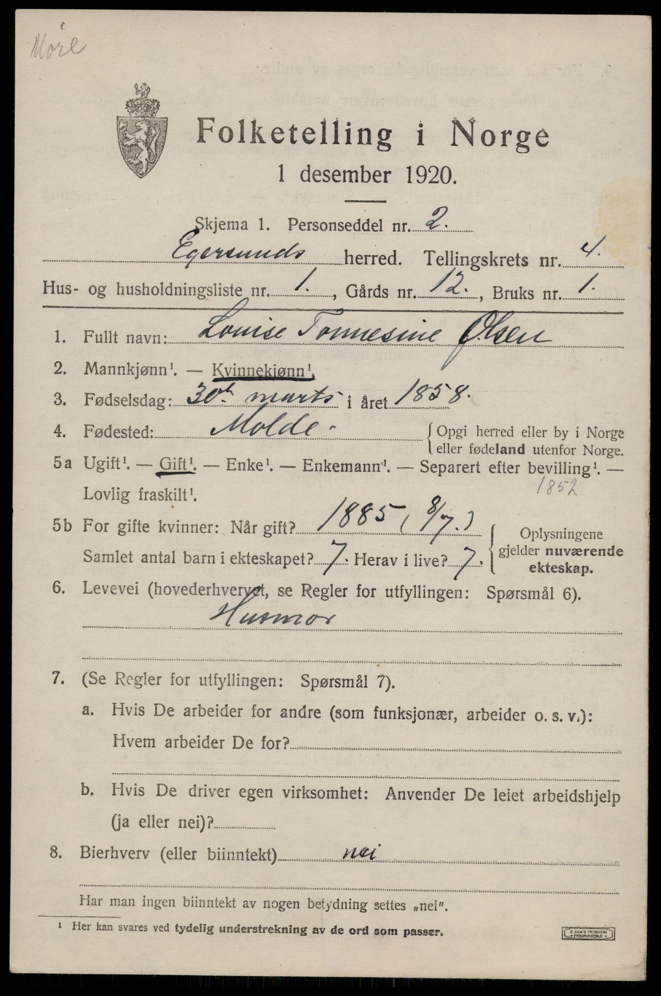 SAST, 1920 census for Eigersund, 1920, p. 2795