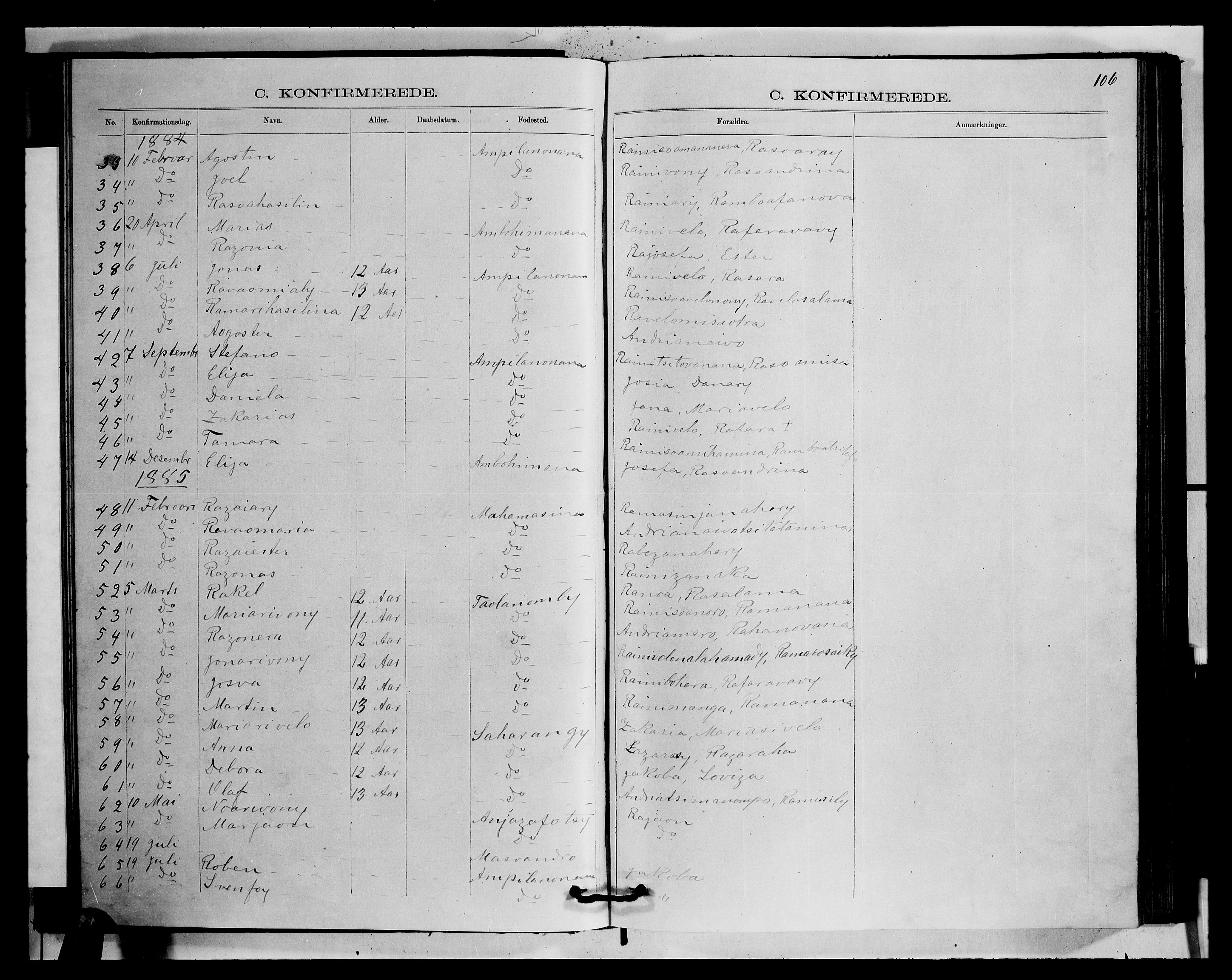Archives FLM/NMS, Madagaskar, VID/MA-A-1163/D/Db/L0270: Parish register (official) no. 2, 1883-1886, p. 106
