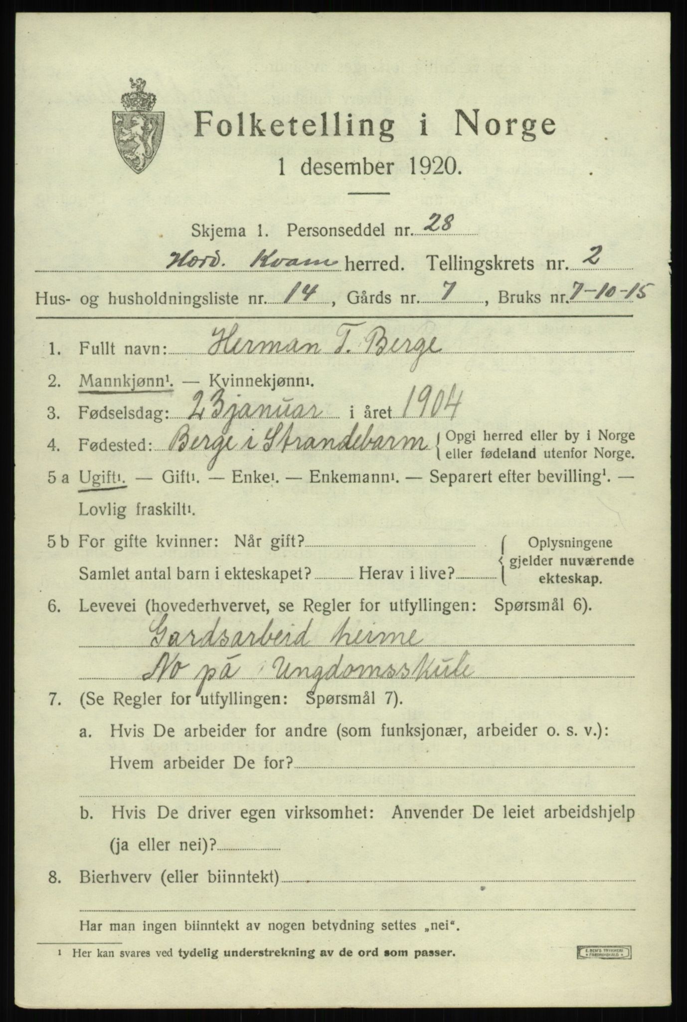SAB, 1920 census for Kvam, 1920, p. 2025