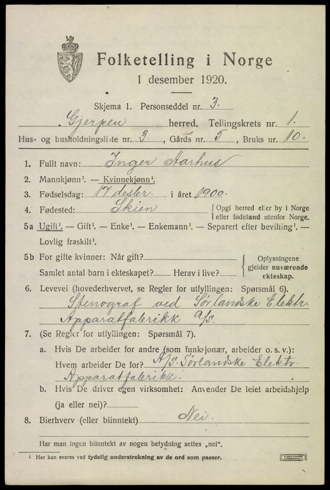 SAKO, 1920 census for Gjerpen, 1920, p. 2728