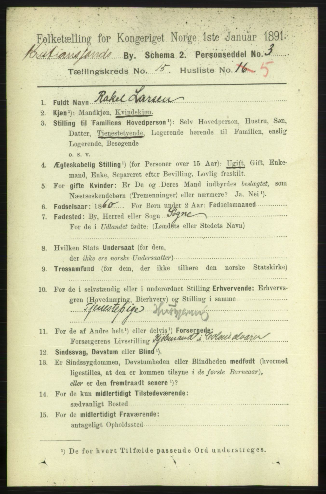 RA, 1891 census for 1001 Kristiansand, 1891, p. 6346