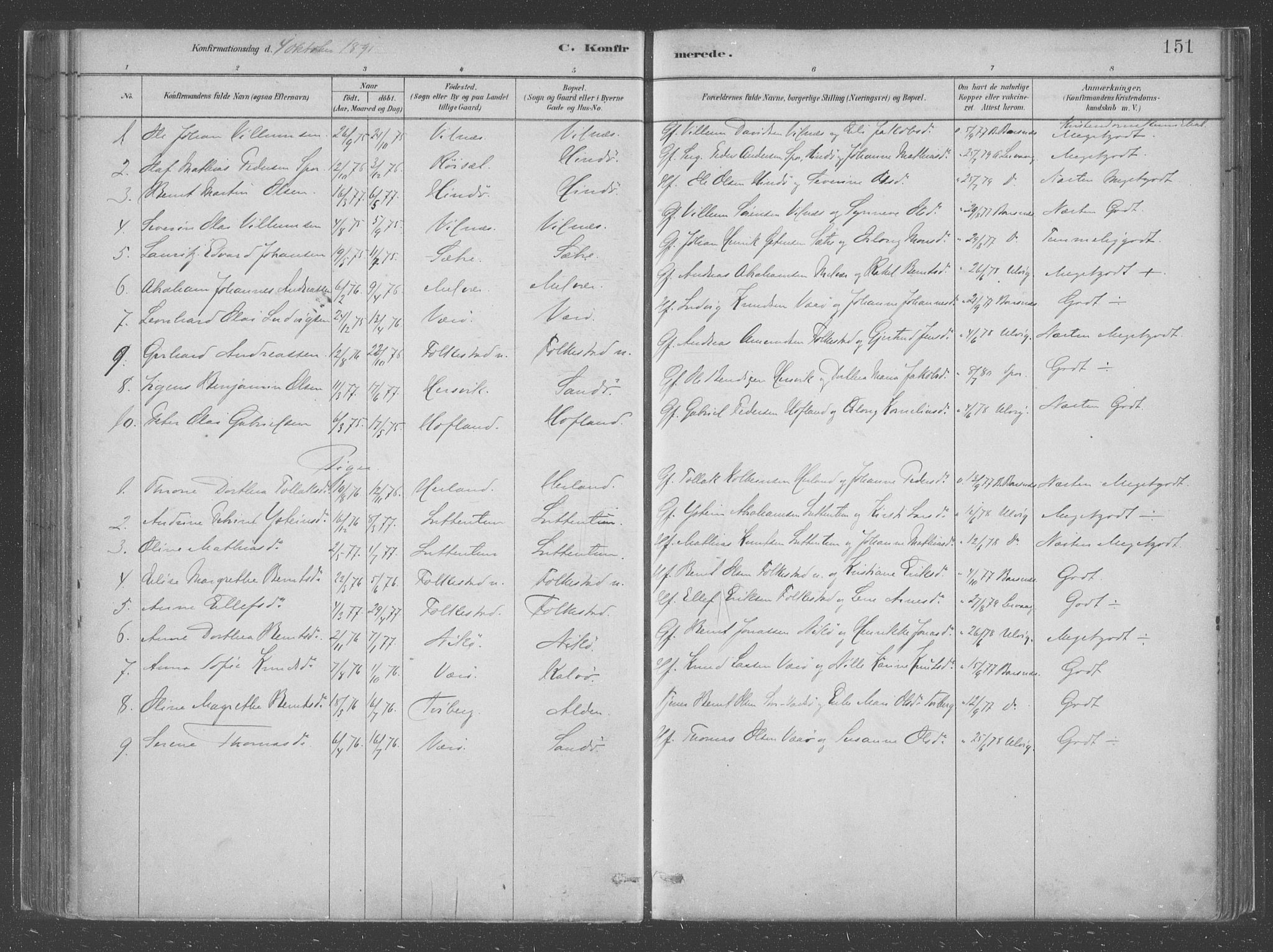 Askvoll sokneprestembete, SAB/A-79501/H/Haa/Haac/L0001: Parish register (official) no. C  1, 1879-1922, p. 151
