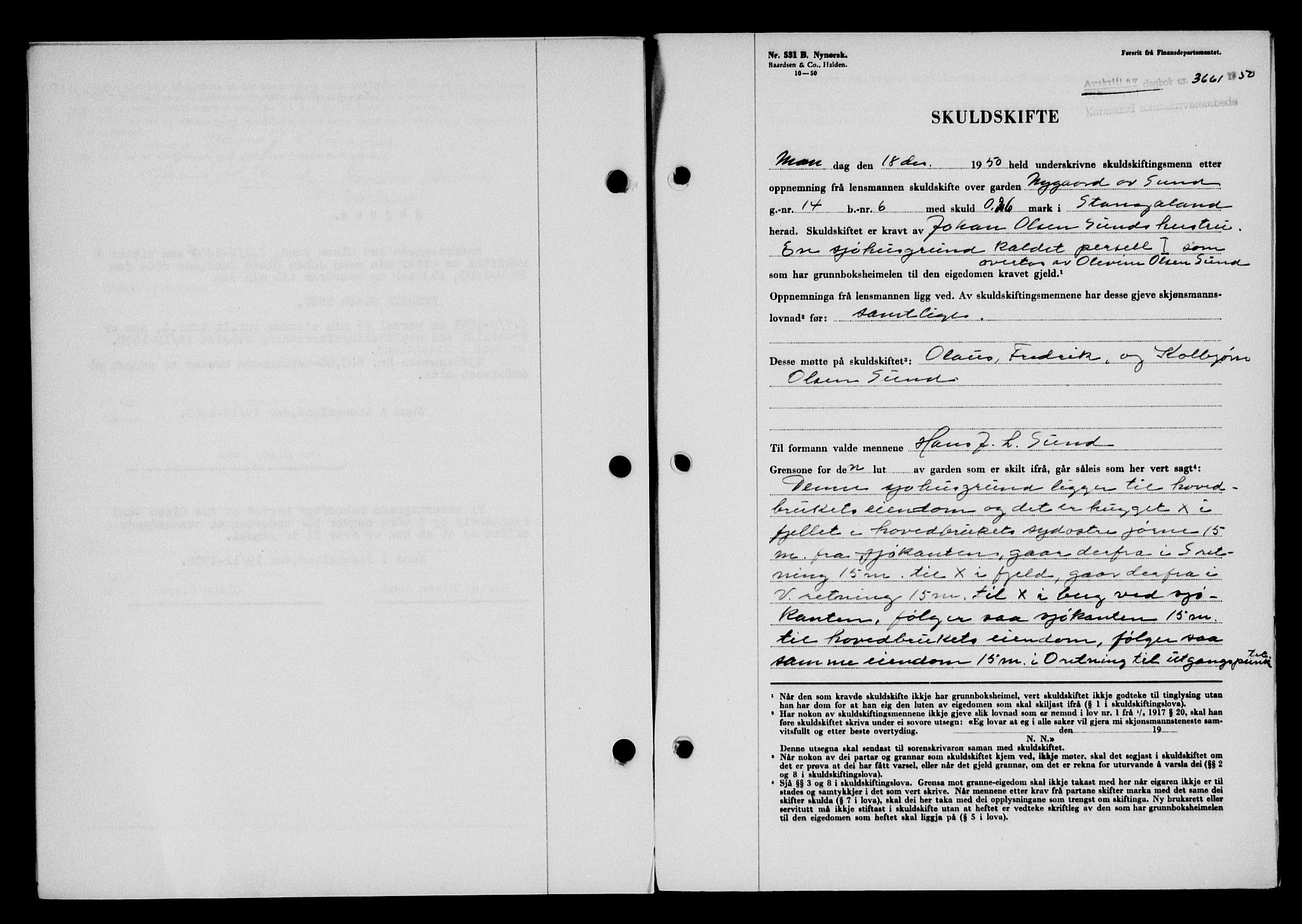 Karmsund sorenskriveri, SAST/A-100311/01/II/IIB/L0101: Mortgage book no. 81A, 1950-1951, Diary no: : 3661/1950