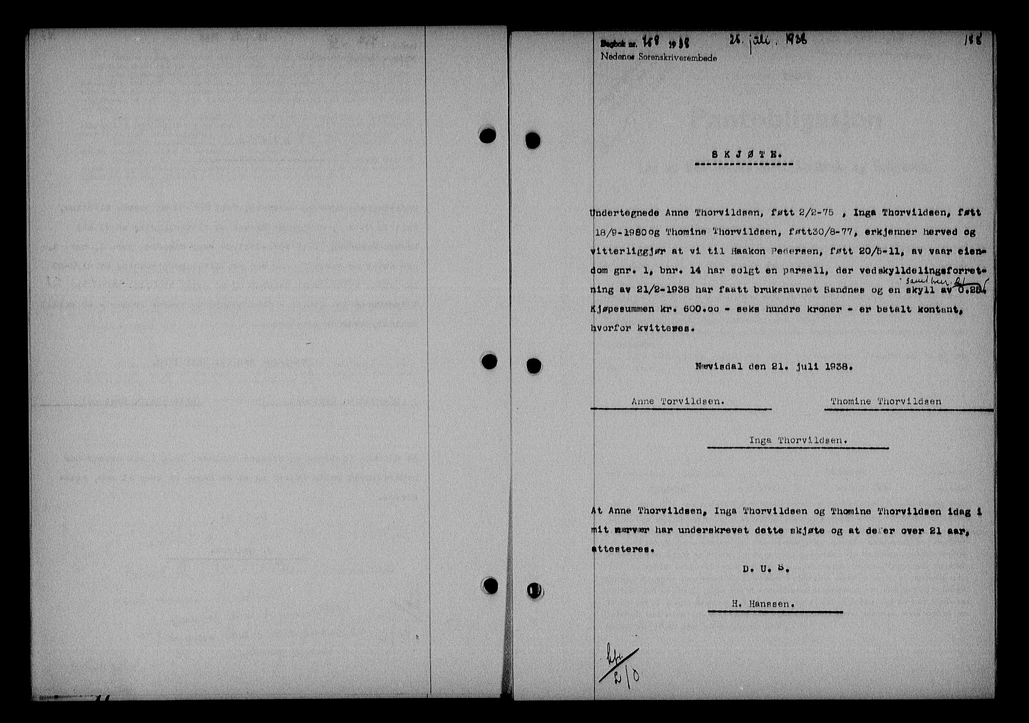 Nedenes sorenskriveri, SAK/1221-0006/G/Gb/Gba/L0045: Mortgage book no. 41, 1938-1938, Diary no: : 758/1938