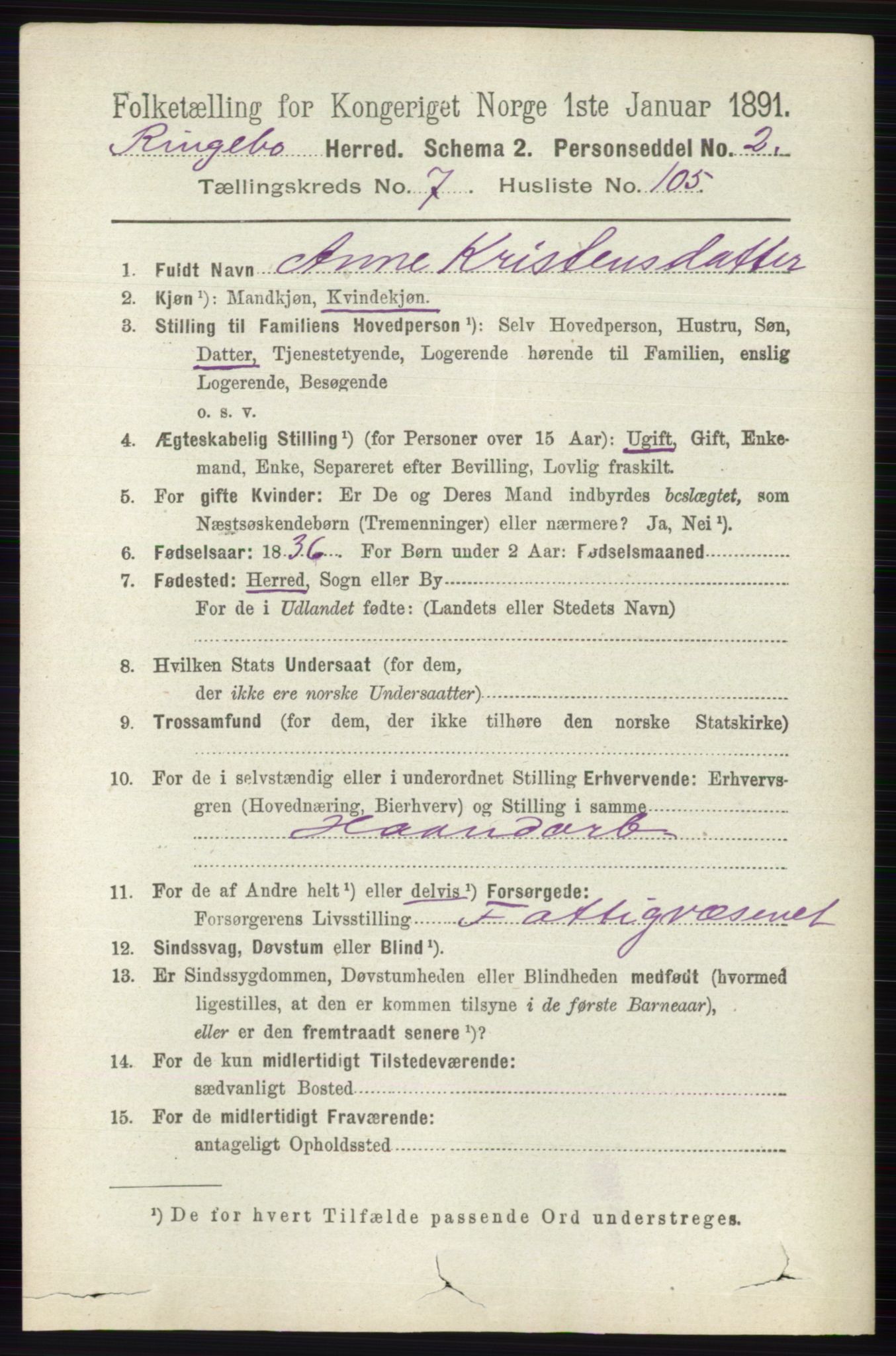 RA, 1891 census for 0520 Ringebu, 1891, p. 3564