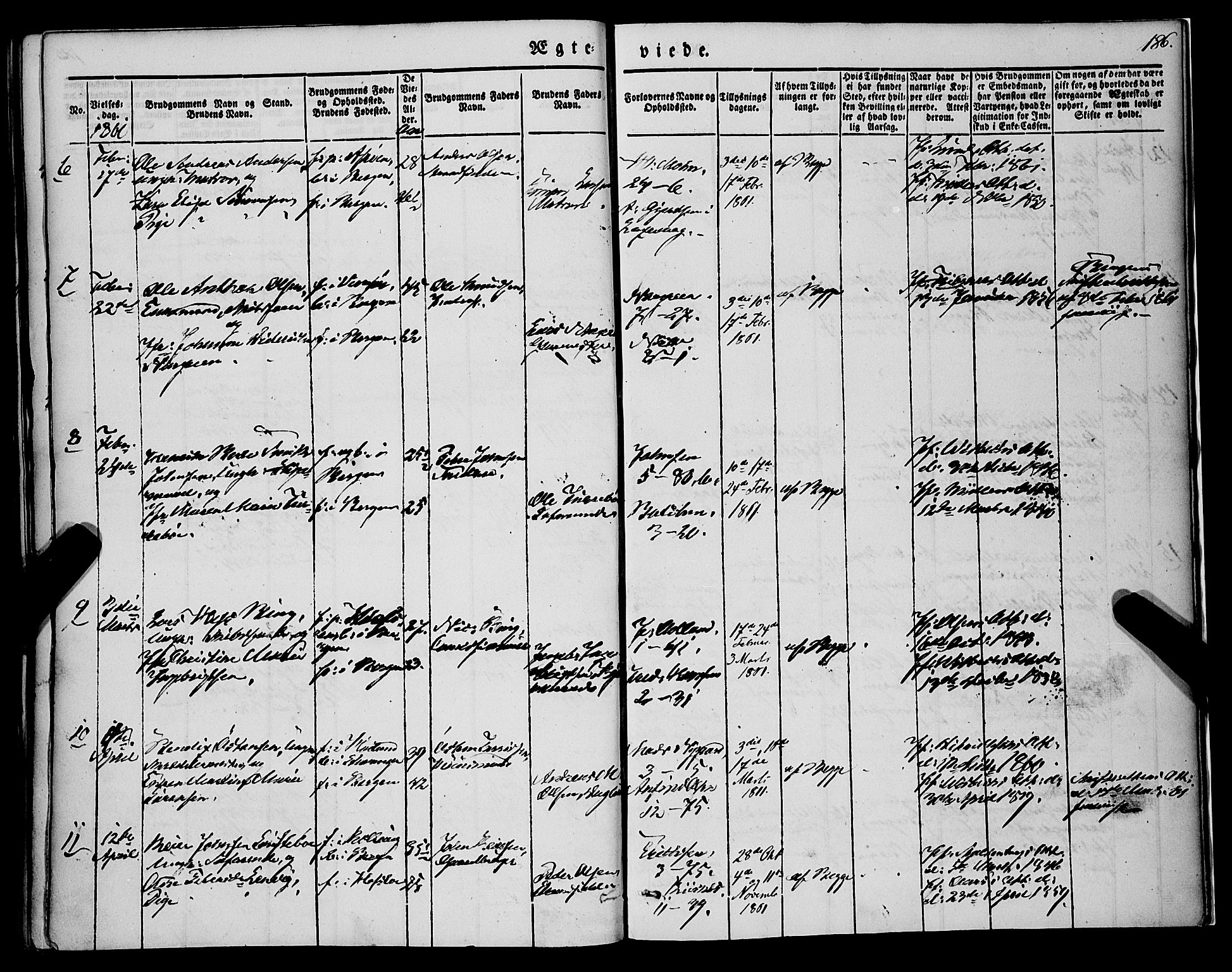 Nykirken Sokneprestembete, AV/SAB-A-77101/H/Haa/L0031: Parish register (official) no. D 1, 1834-1861, p. 186