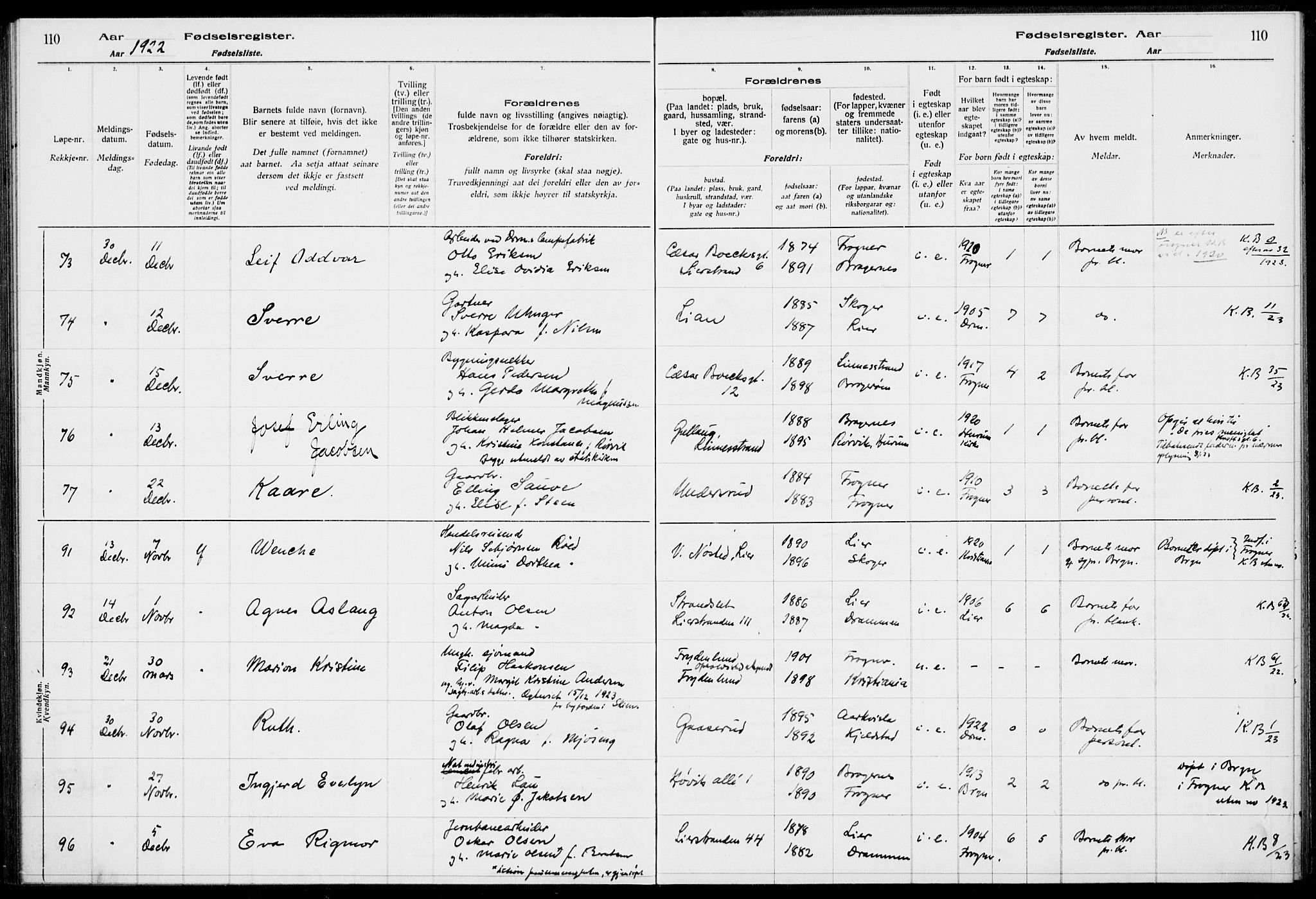 Lier kirkebøker, AV/SAKO-A-230/J/Ja/L0001: Birth register no. 1, 1916-1928, p. 110