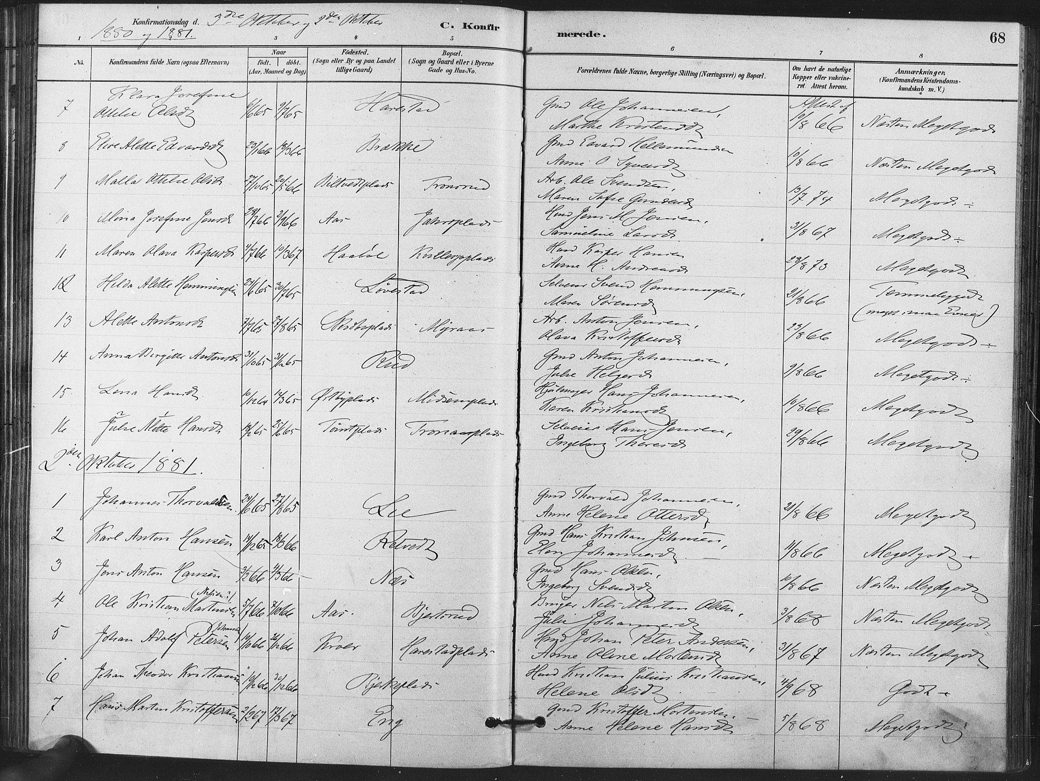 Kråkstad prestekontor Kirkebøker, AV/SAO-A-10125a/F/Fa/L0009: Parish register (official) no. I 9, 1880-1892, p. 68