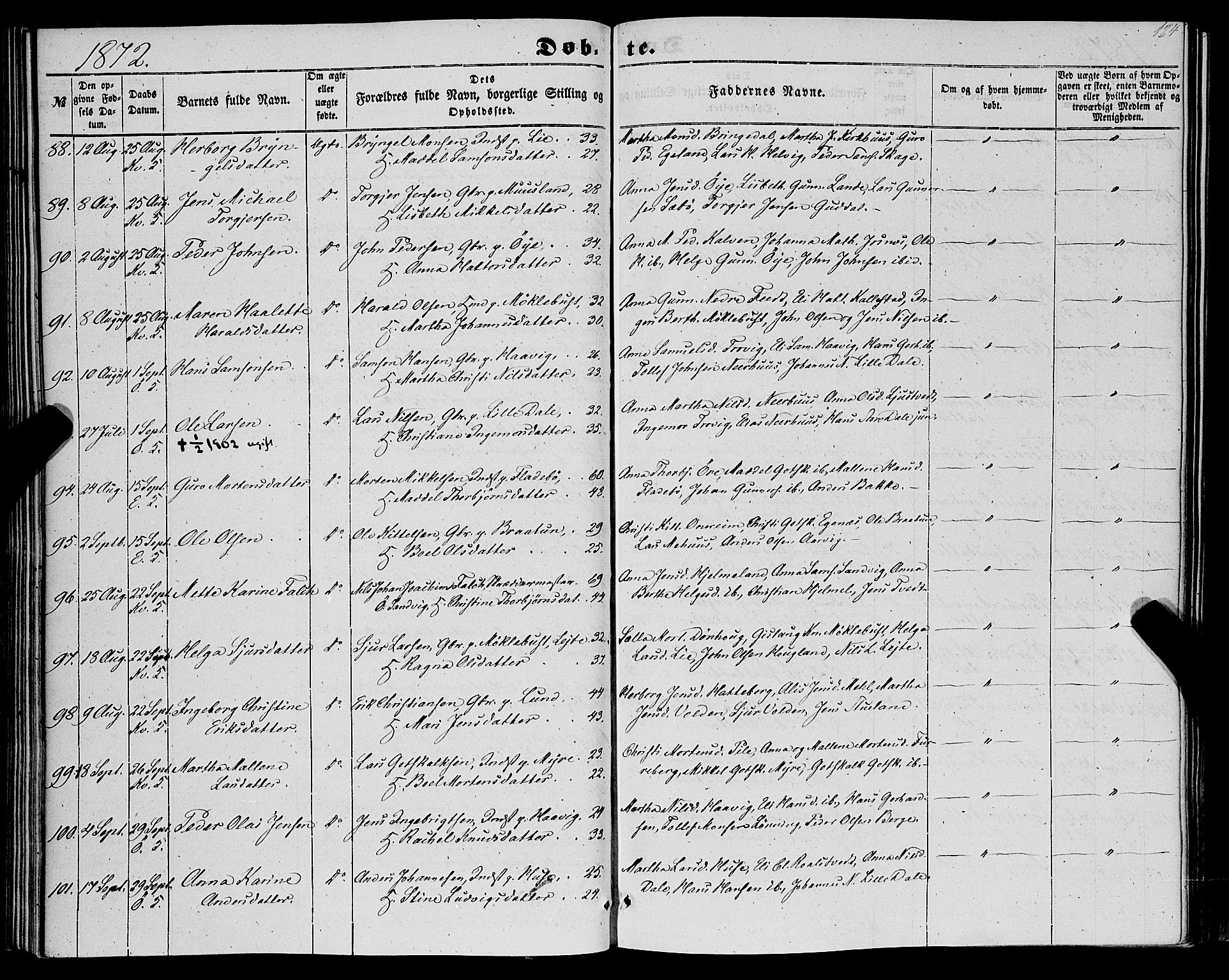 Kvinnherad sokneprestembete, SAB/A-76401/H/Haa: Parish register (official) no. A 8, 1854-1872, p. 124