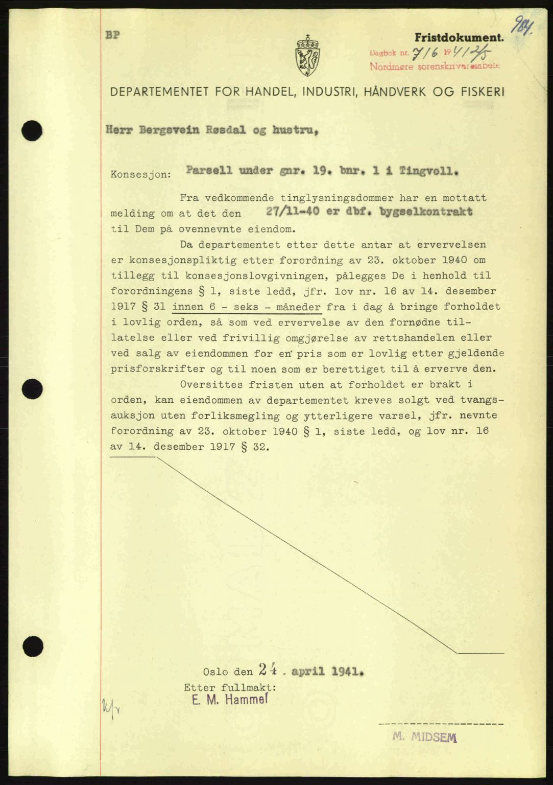 Nordmøre sorenskriveri, AV/SAT-A-4132/1/2/2Ca: Mortgage book no. B87, 1940-1941, Diary no: : 716/1941