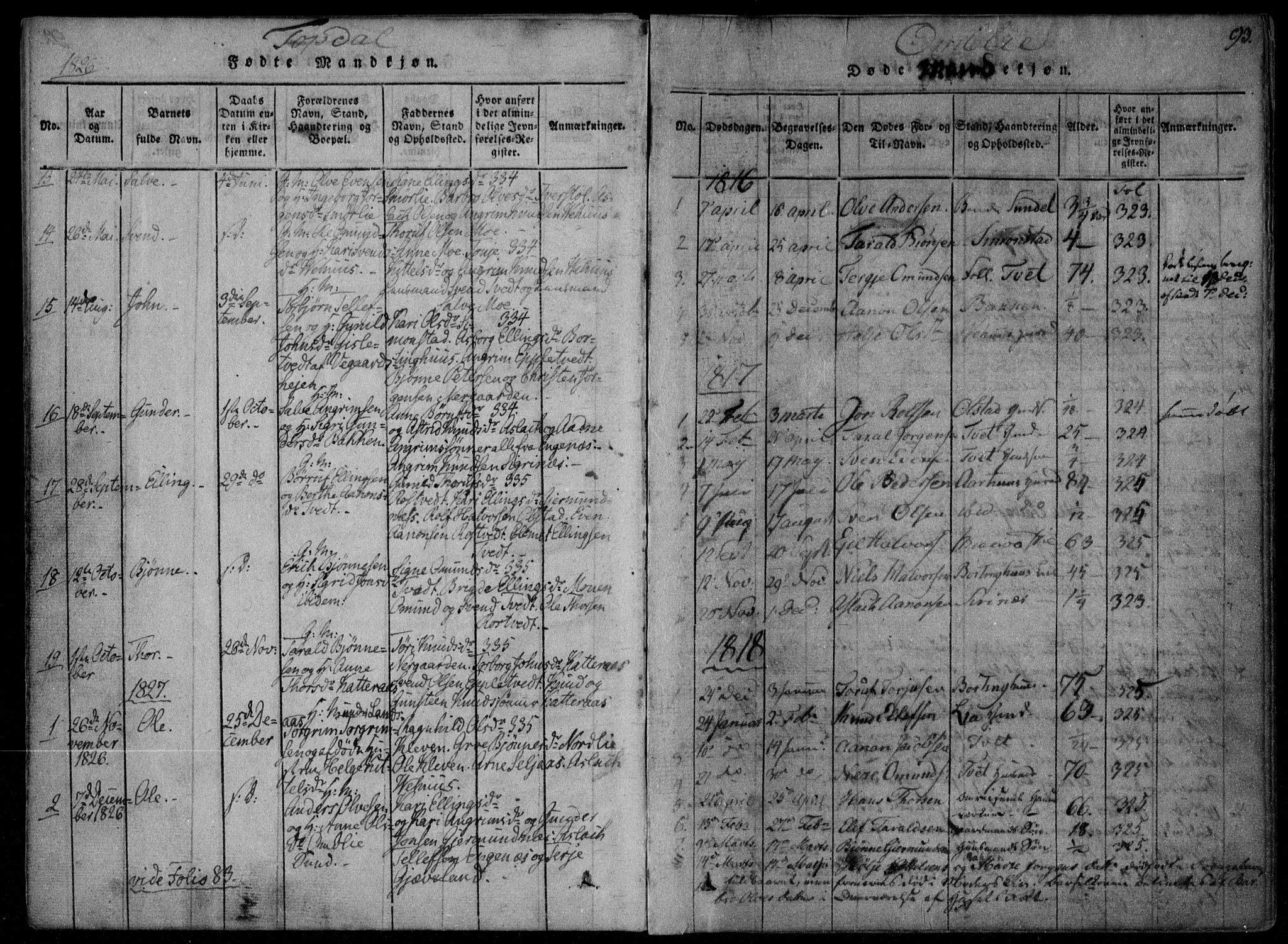Åmli sokneprestkontor, SAK/1111-0050/F/Fa/Fac/L0006: Parish register (official) no. A 6, 1816-1829, p. 93