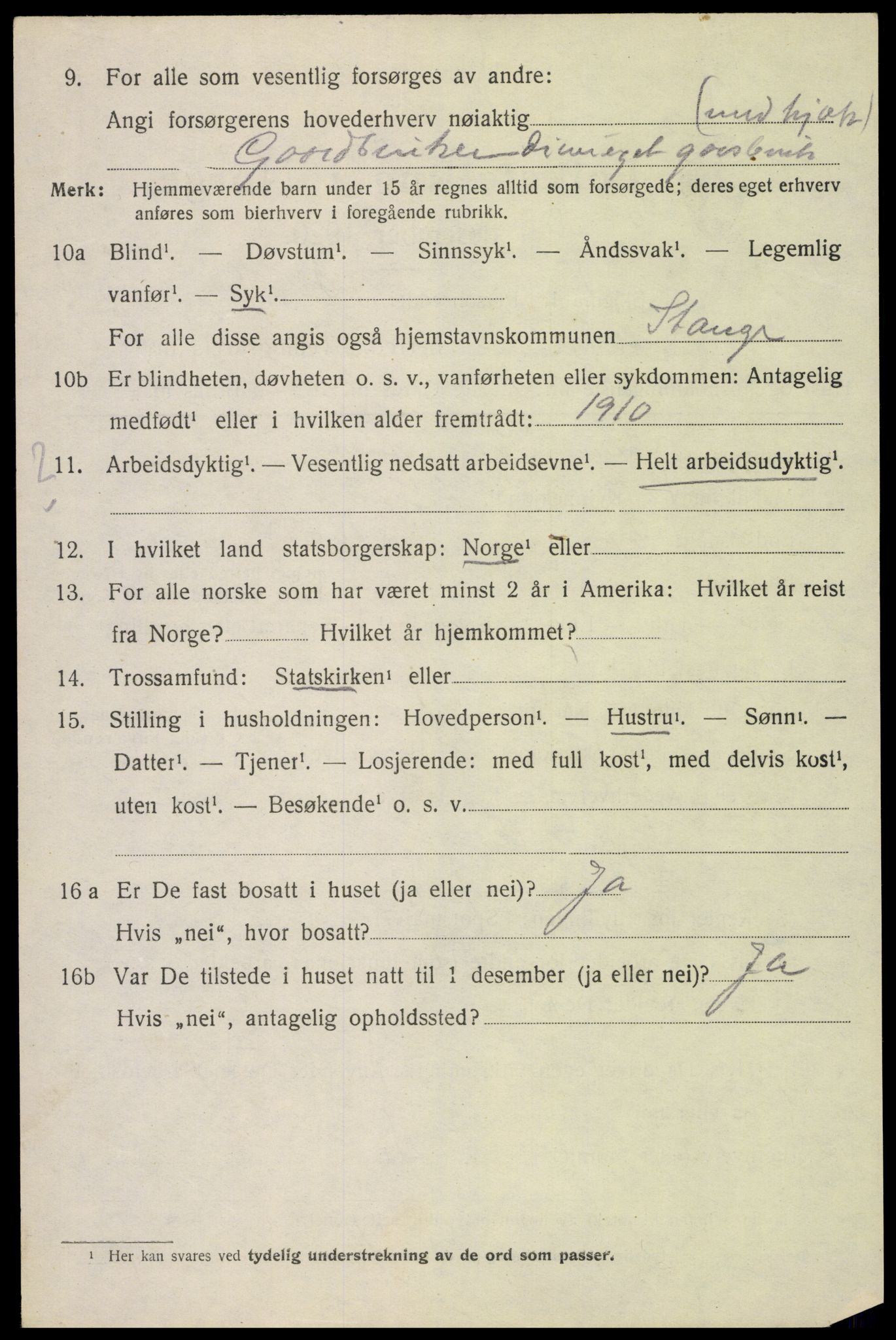 SAH, 1920 census for Stange, 1920, p. 8910