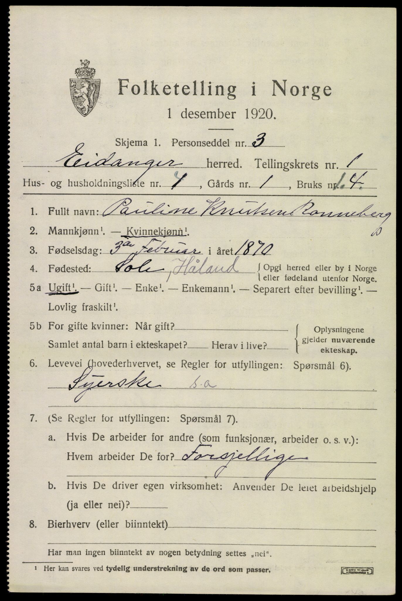 SAKO, 1920 census for Eidanger, 1920, p. 1616