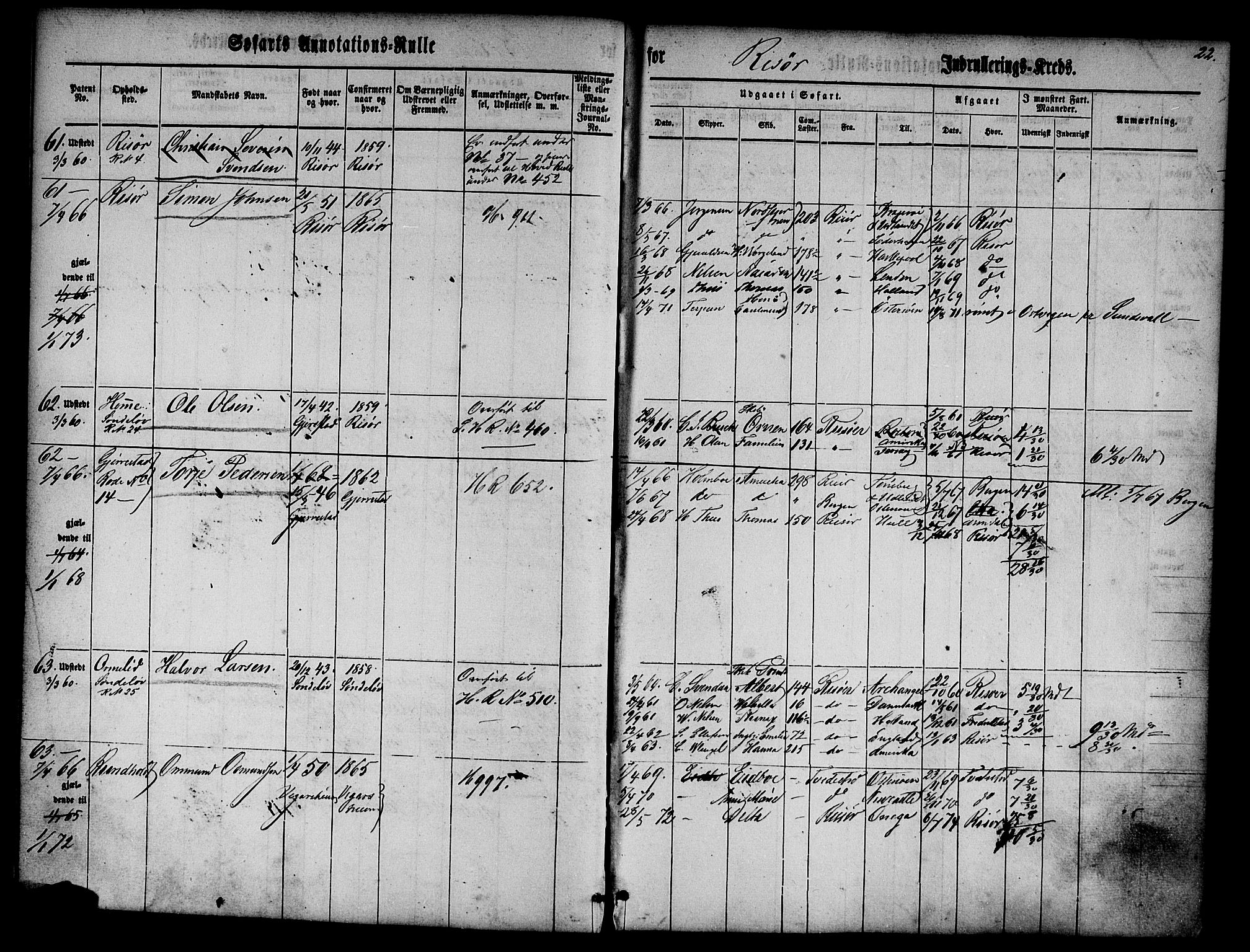 Risør mønstringskrets, SAK/2031-0010/F/Fa/L0001: Annotasjonsrulle nr 1-435 med register, D-1, 1860-1865, p. 39