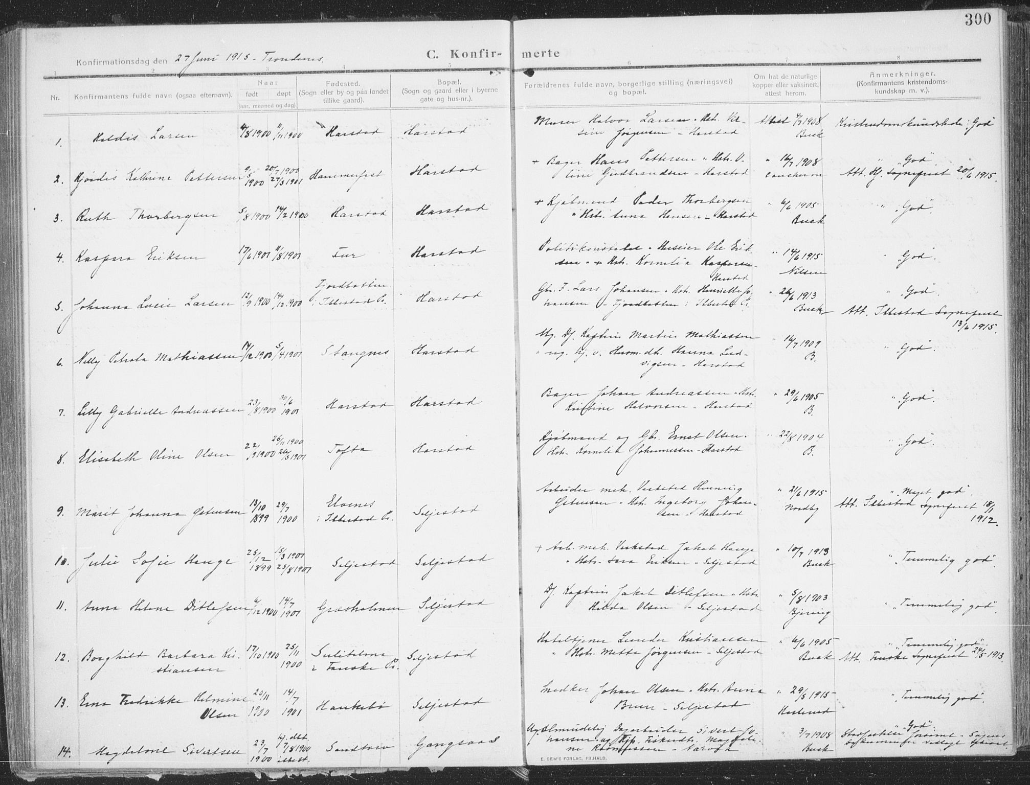 Trondenes sokneprestkontor, SATØ/S-1319/H/Ha/L0018kirke: Parish register (official) no. 18, 1909-1918, p. 300