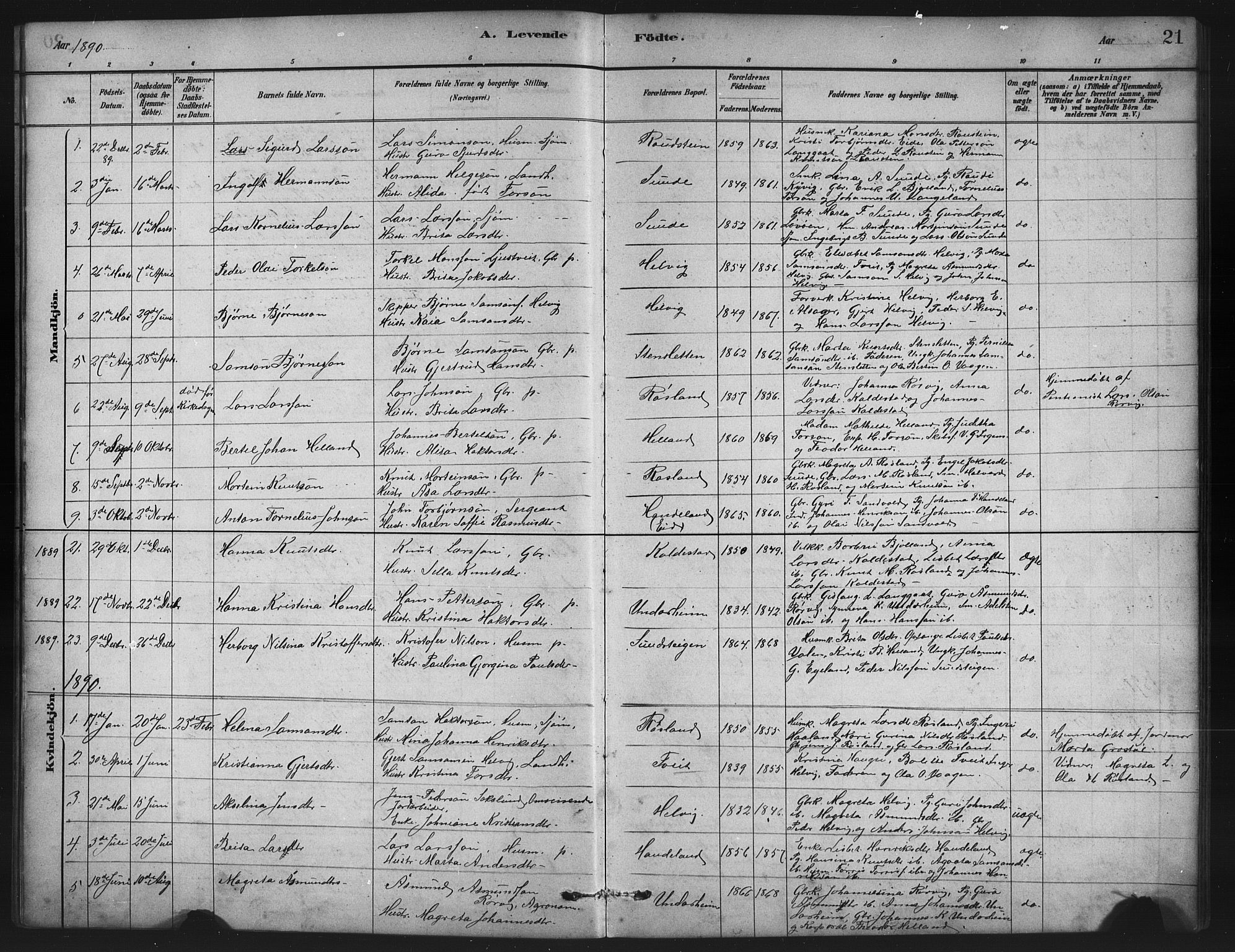 Husnes Sokneprestembete, SAB/A-75901/H/Hab: Parish register (copy) no. A 2, 1881-1917, p. 21