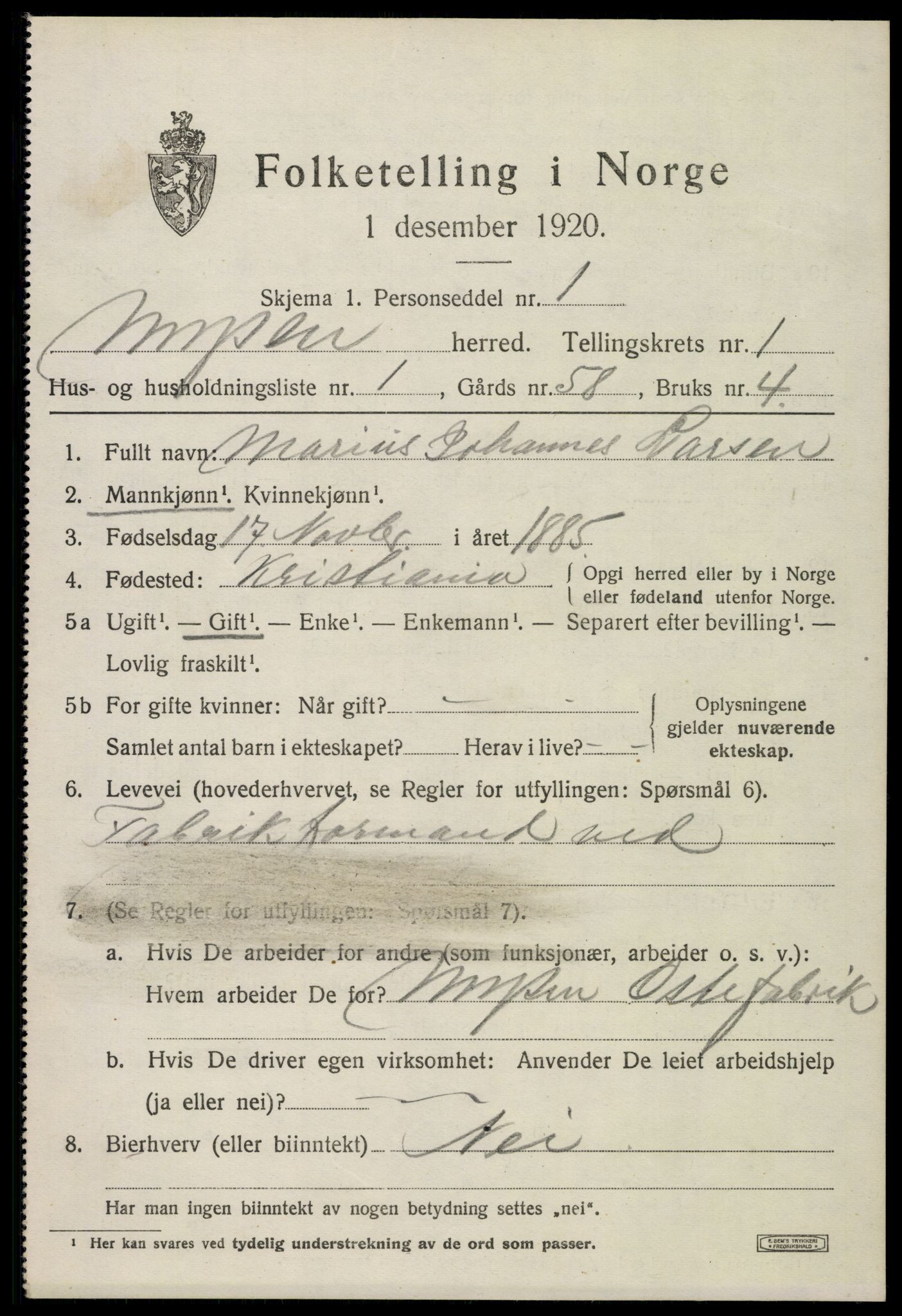 SAO, 1920 census for Mysen, 1920, p. 451