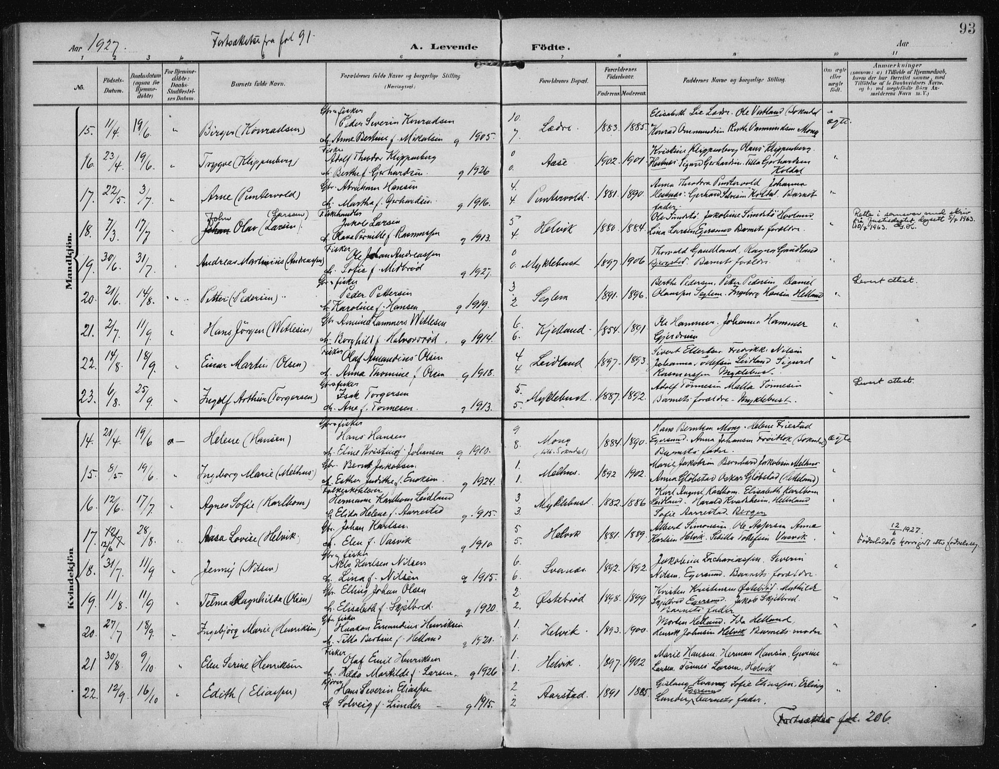 Eigersund sokneprestkontor, AV/SAST-A-101807/S08/L0021: Parish register (official) no. A 20, 1906-1928, p. 93