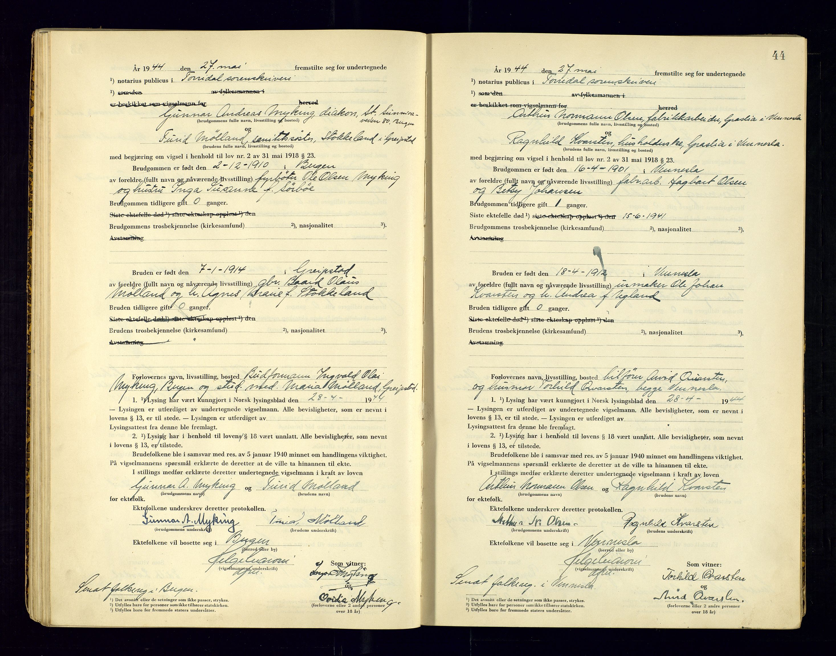 Torridal sorenskriveri, AV/SAK-1221-0012/L/Ld/L0004: Vigselbok nr. 2, 1943-1946, p. 44