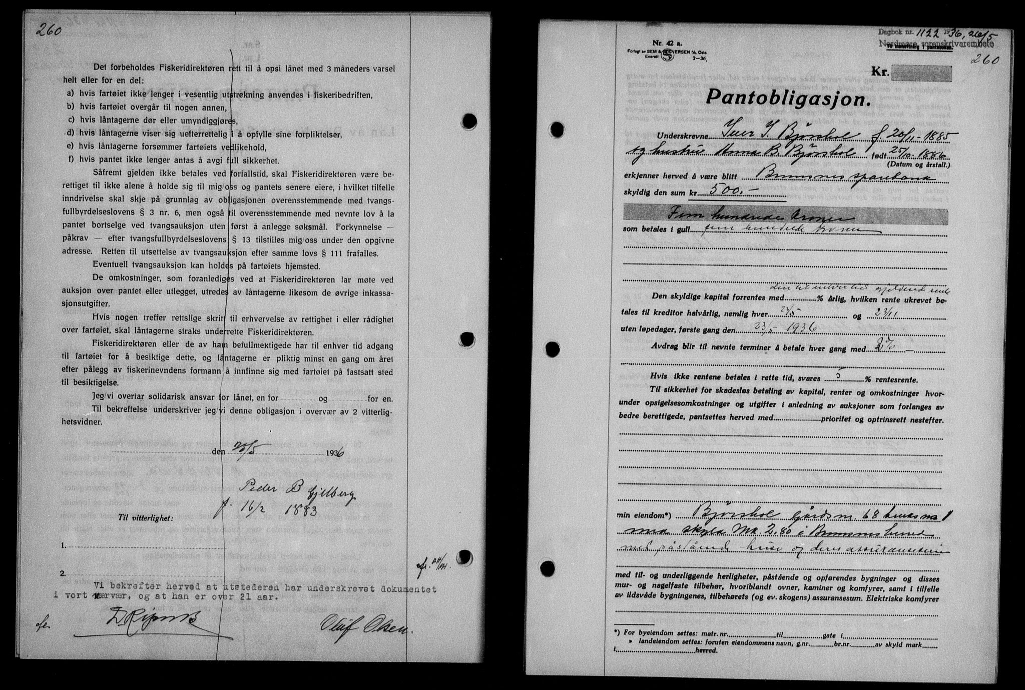 Nordmøre sorenskriveri, AV/SAT-A-4132/1/2/2Ca/L0088: Mortgage book no. 78, 1936-1936, Diary no: : 1122/1936