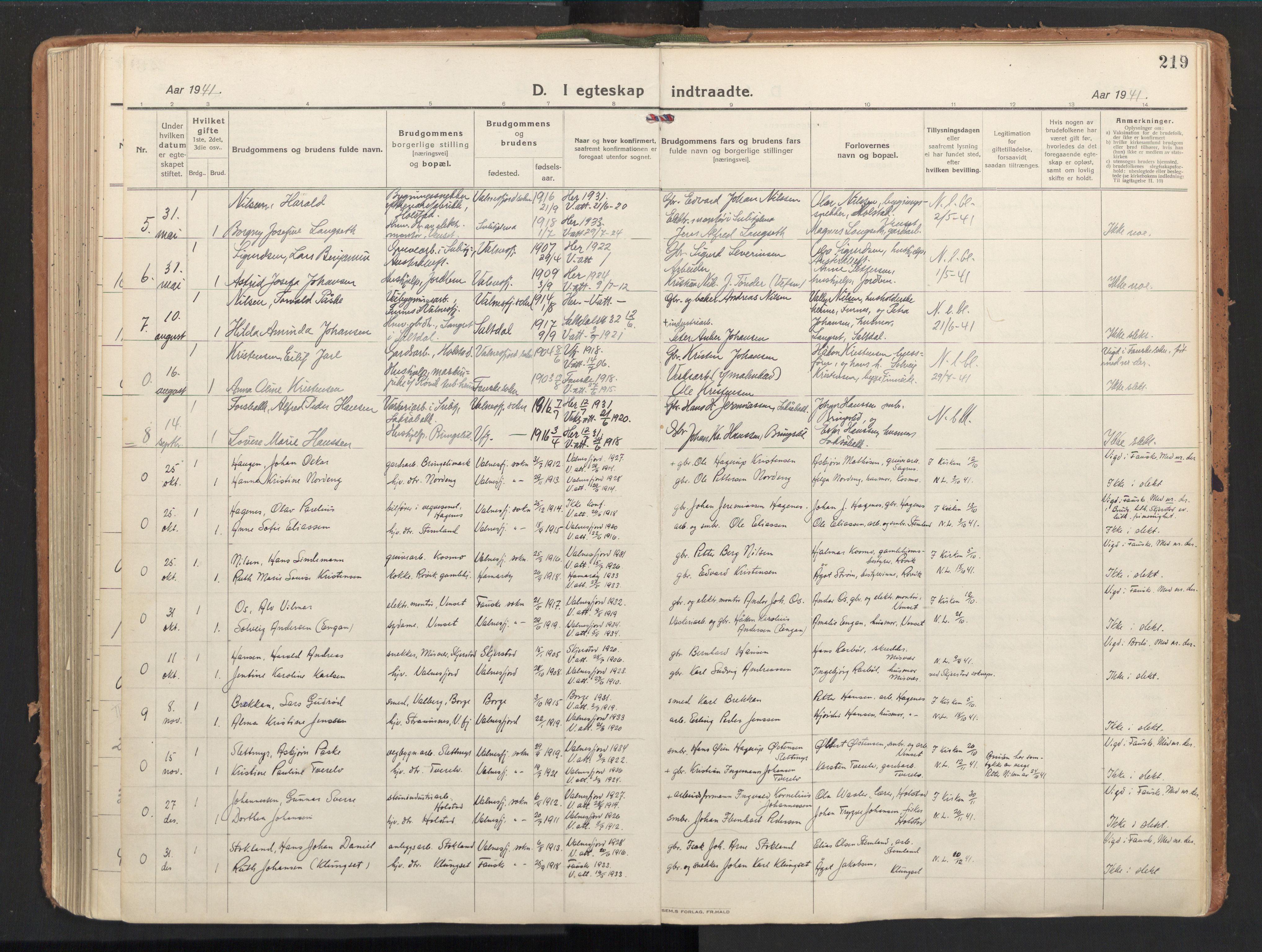 Ministerialprotokoller, klokkerbøker og fødselsregistre - Nordland, AV/SAT-A-1459/851/L0725: Parish register (official) no. 851A02, 1922-1944, p. 219