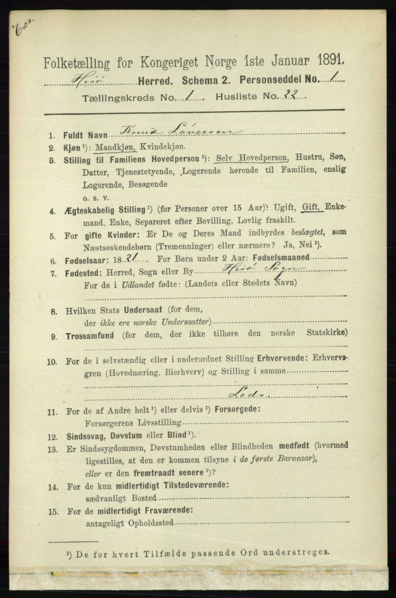 RA, Census 1891 for Nedenes amt: Gjenparter av personsedler for beslektede ektefeller, menn, 1891, p. 586