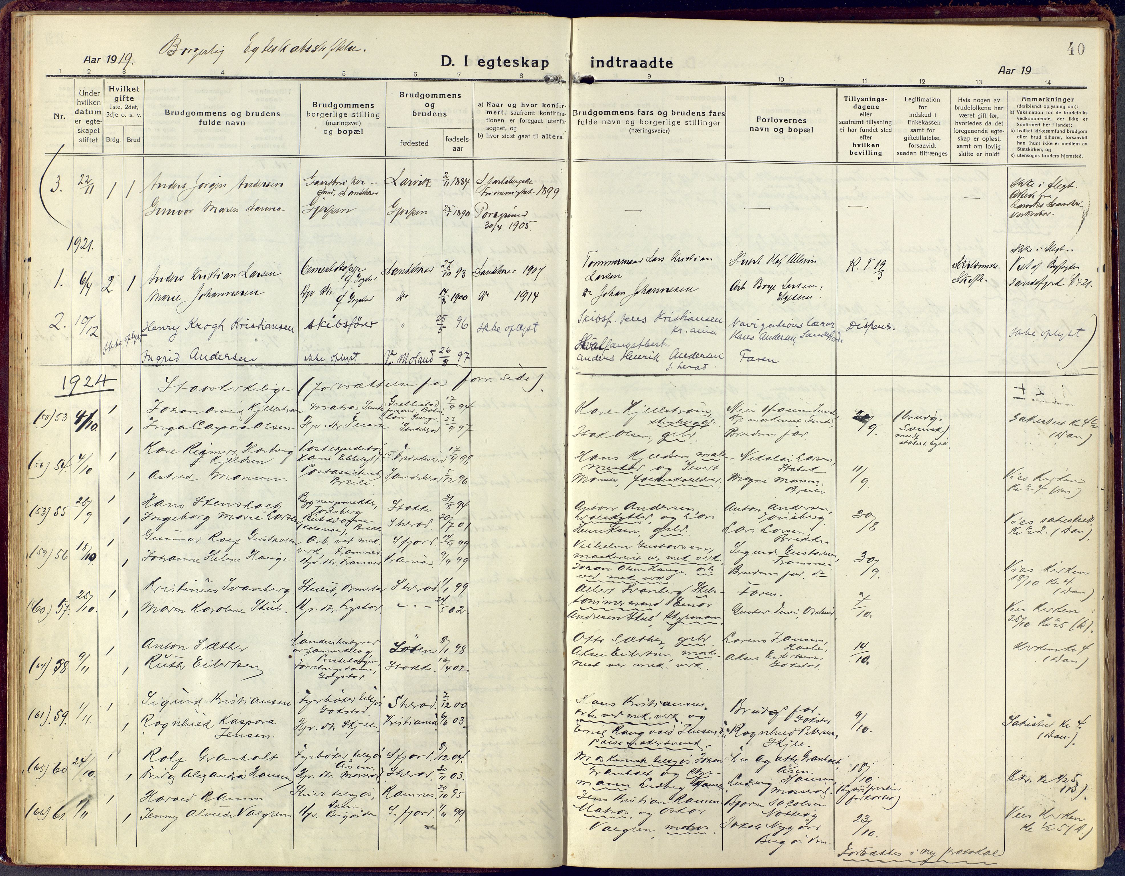 Sandar kirkebøker, SAKO/A-243/F/Fa/L0021: Parish register (official) no. 21, 1919-1925, p. 40