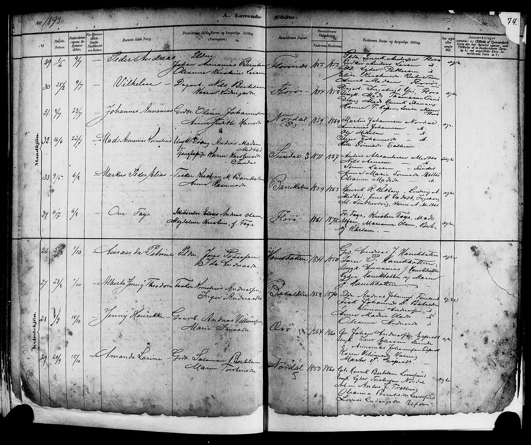 Kinn sokneprestembete, AV/SAB-A-80801/H/Hab/Haba/L0002: Parish register (copy) no. A 2, 1882-1906, p. 74