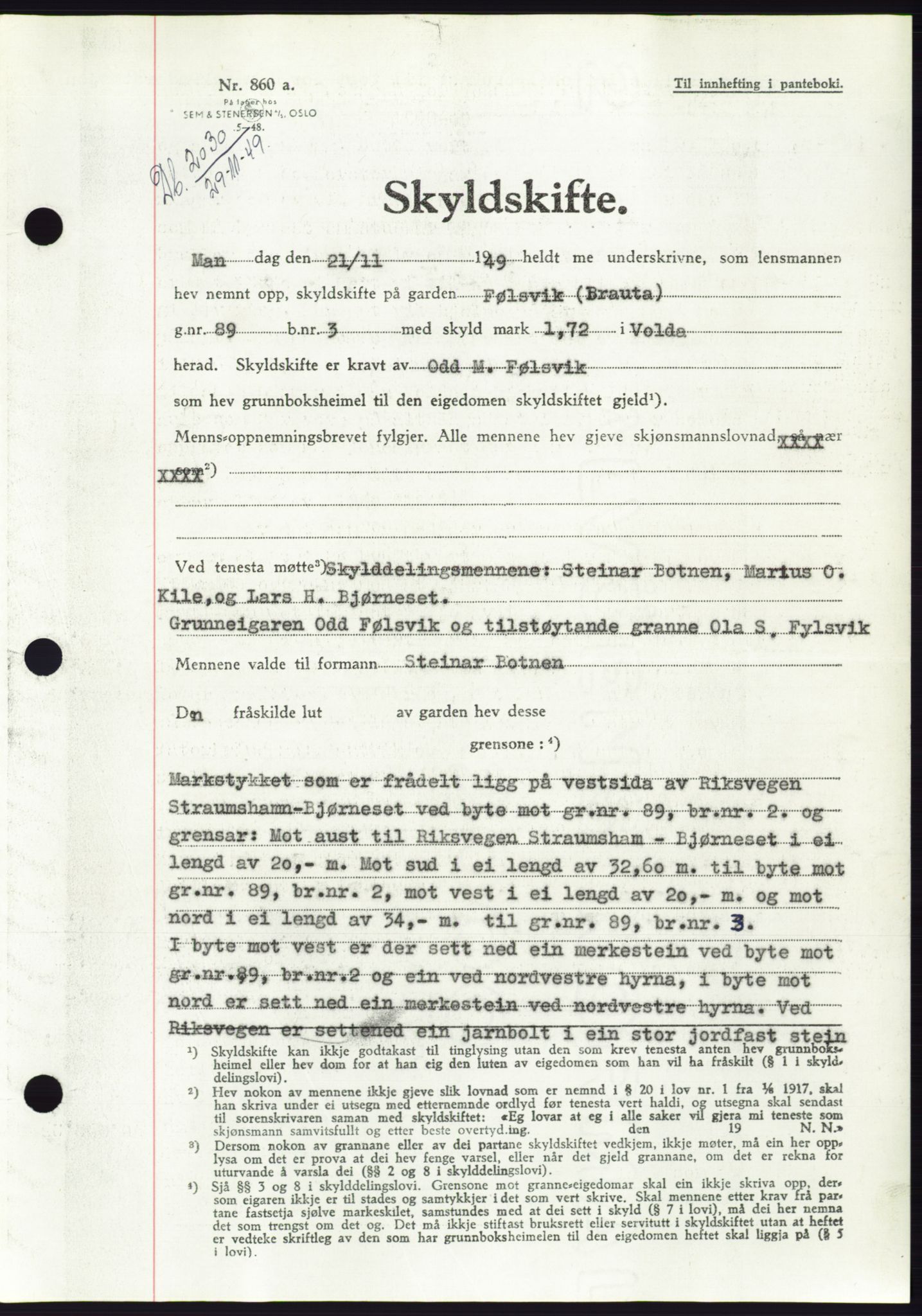 Søre Sunnmøre sorenskriveri, AV/SAT-A-4122/1/2/2C/L0085: Mortgage book no. 11A, 1949-1949, Diary no: : 2030/1949